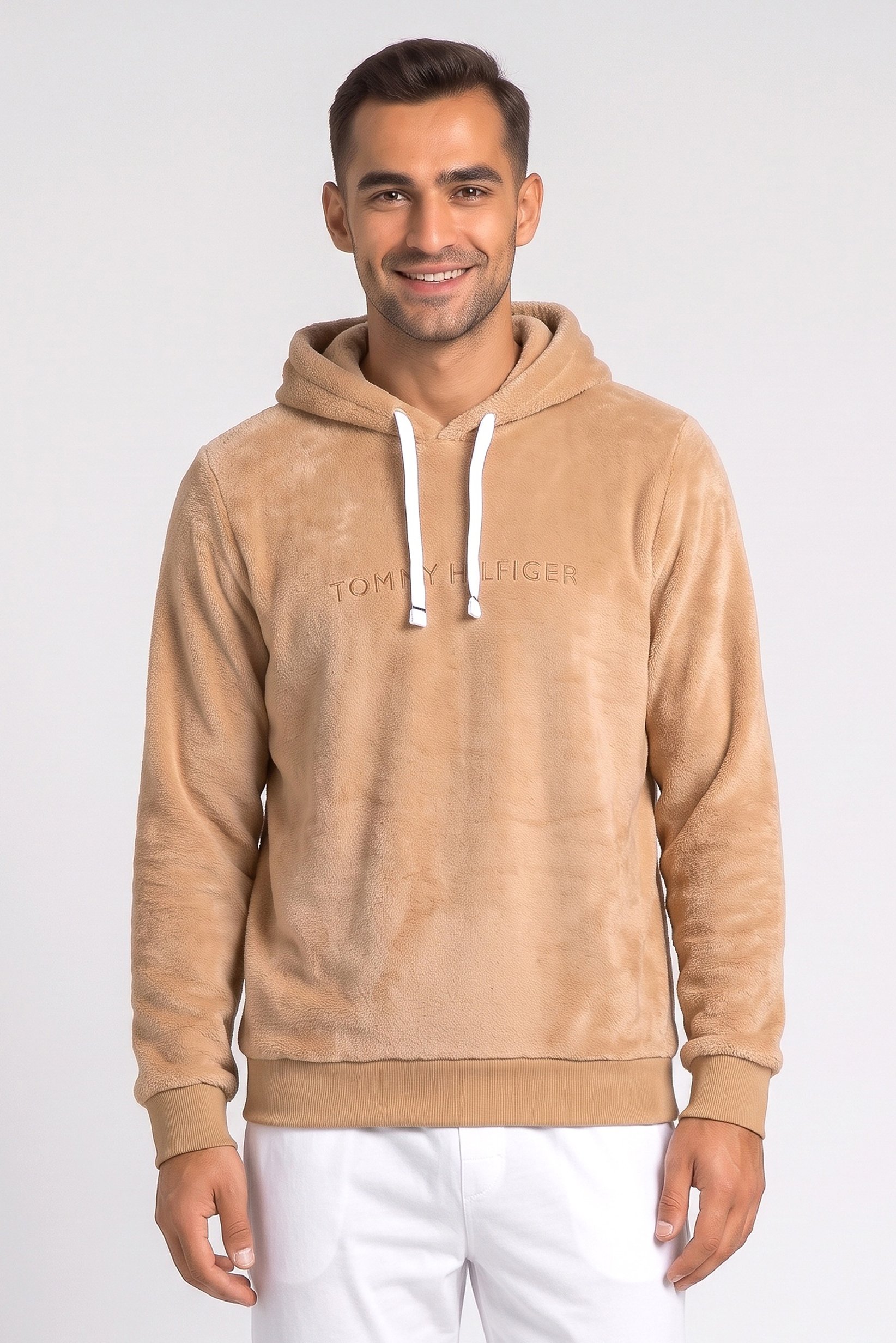 Men Embroidered Logo Long Sleeve Sleepwear Hoodie, Brown
