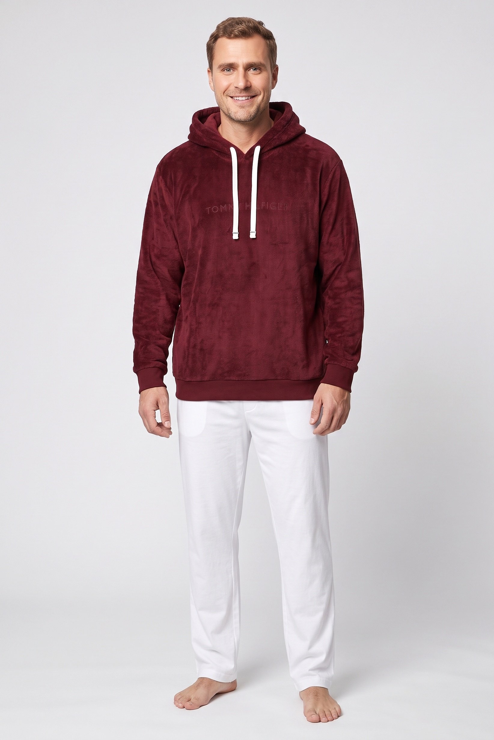 Men Embroidered Logo Long Sleeve Sleepwear Hoodie, Burgundy