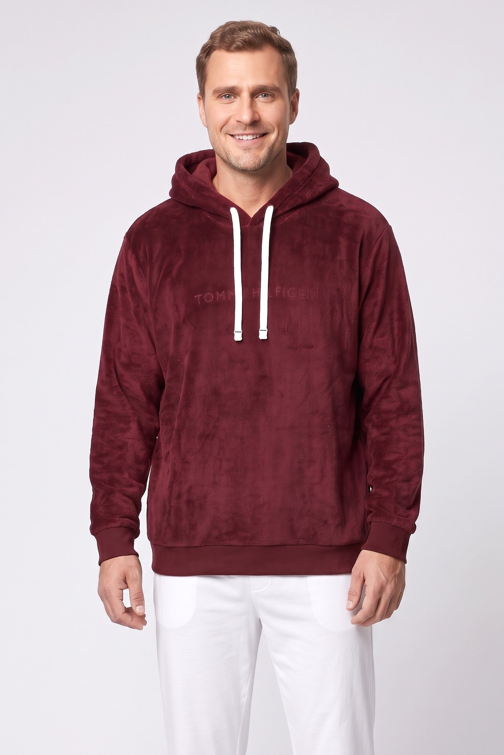 Men Embroidered Logo Long Sleeve Sleepwear Hoodie, Burgundy
