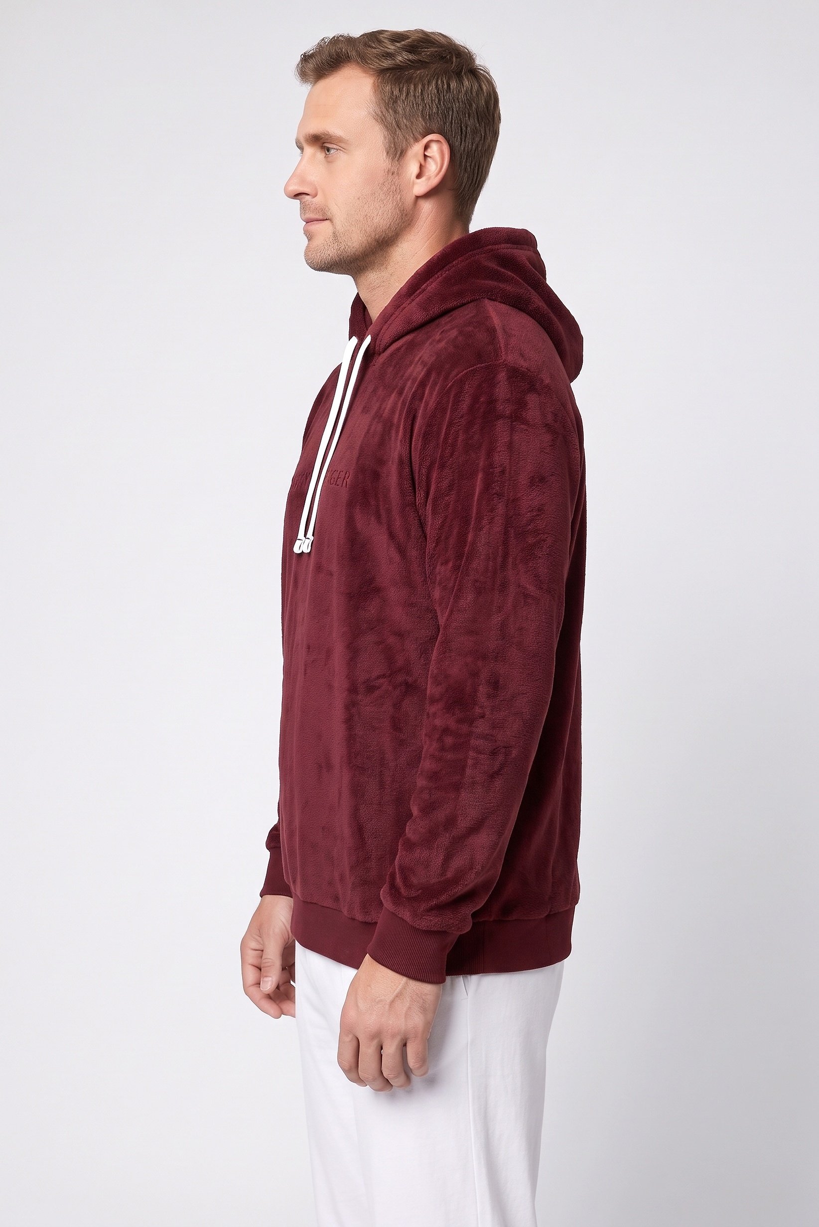 Men Embroidered Logo Long Sleeve Sleepwear Hoodie, Burgundy