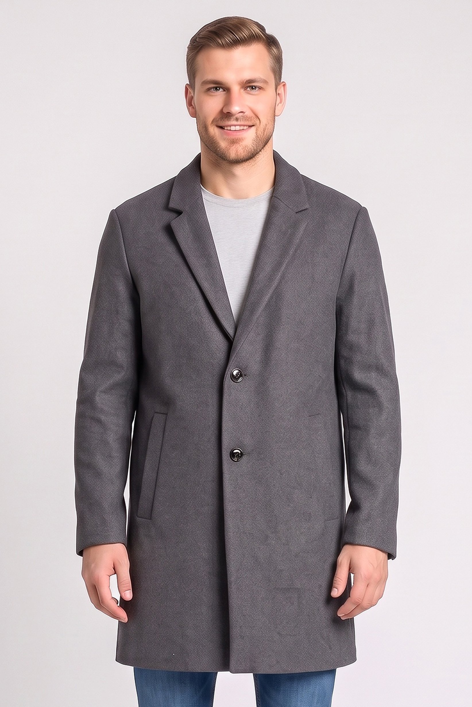 Men Textured Trench Coat, Grey