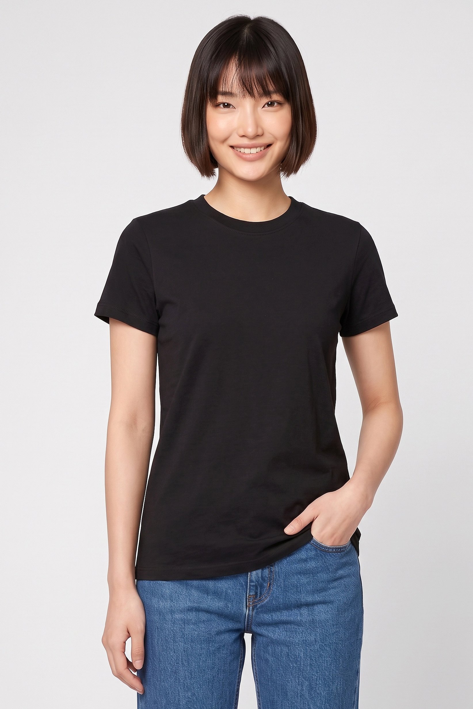Women Round Neck Short Sleeve Plain T-Shirt, Black