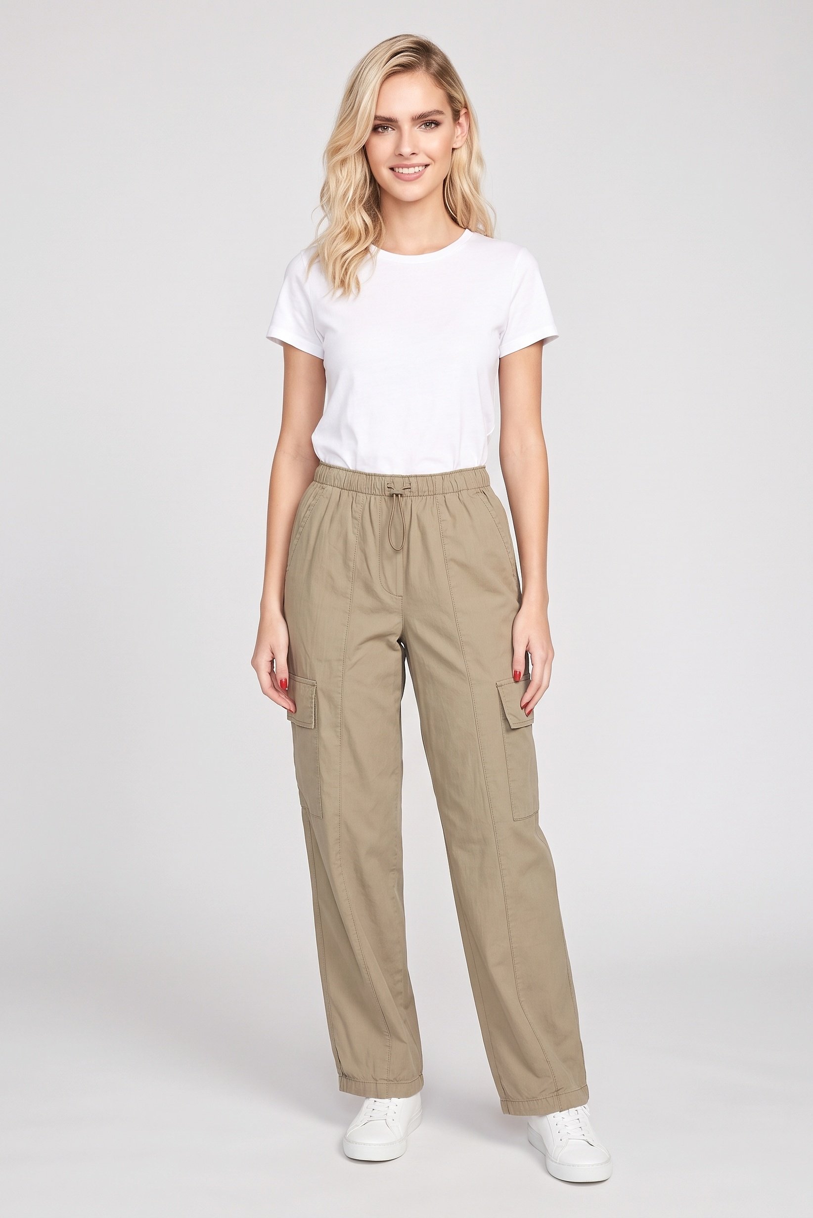 Women Regular Fit Solid Cargo Pants, Dark Beige