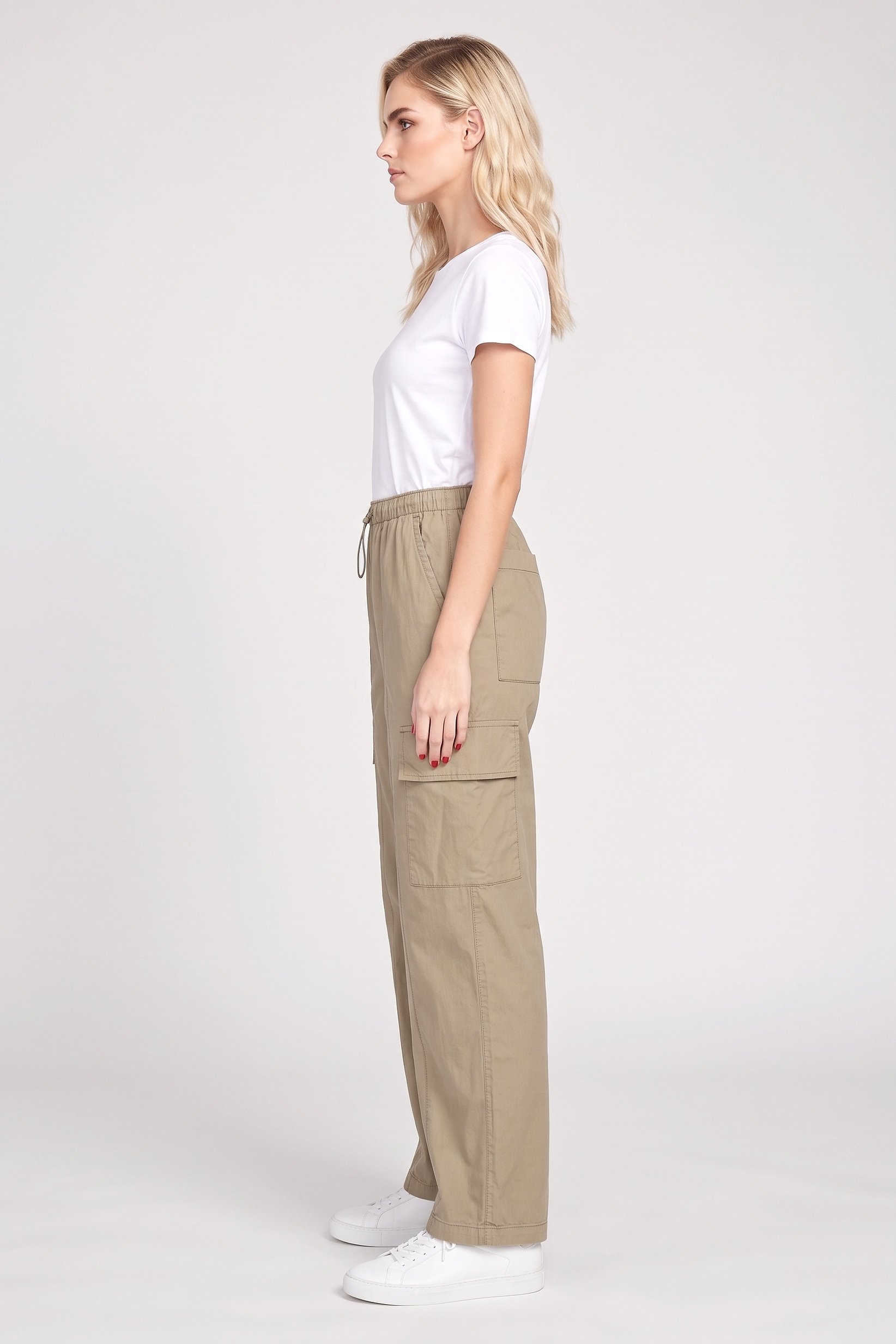 Women Regular Fit Solid Cargo Pants, Dark Beige