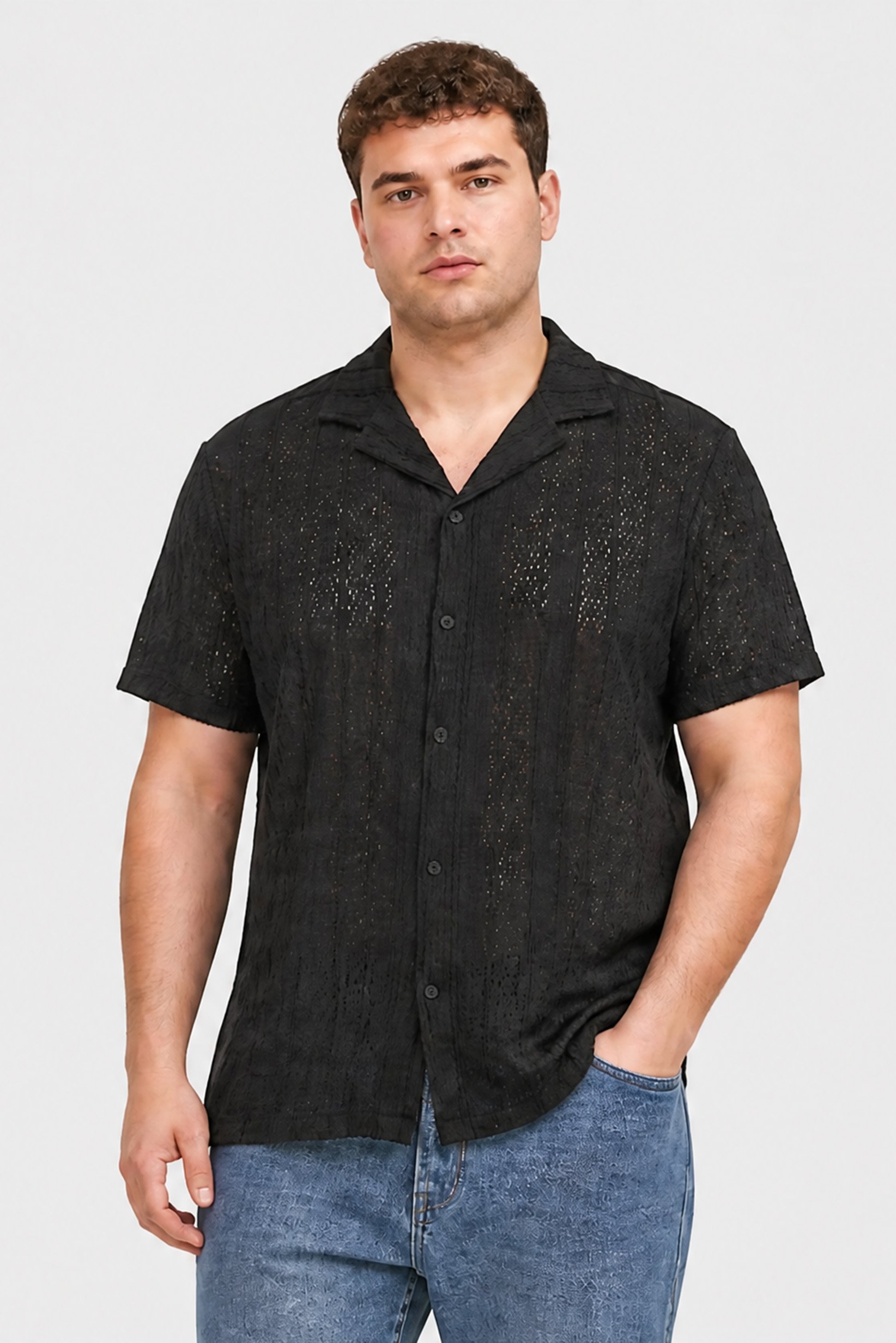 Men Regular Fit Textured Short Sleeve Casual Shirt, Black