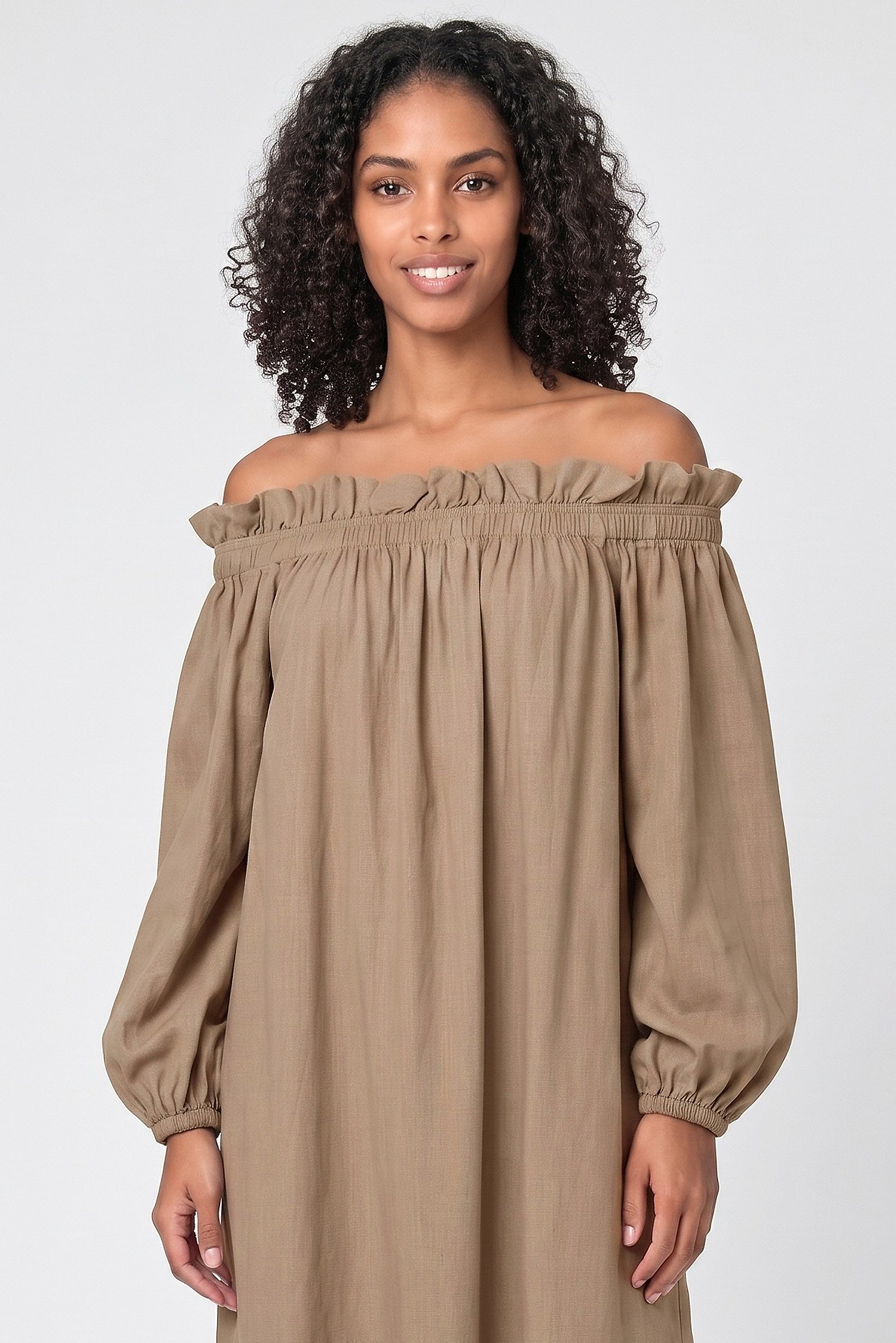 Women Textured Off Shoulder Midi Dress, Tan