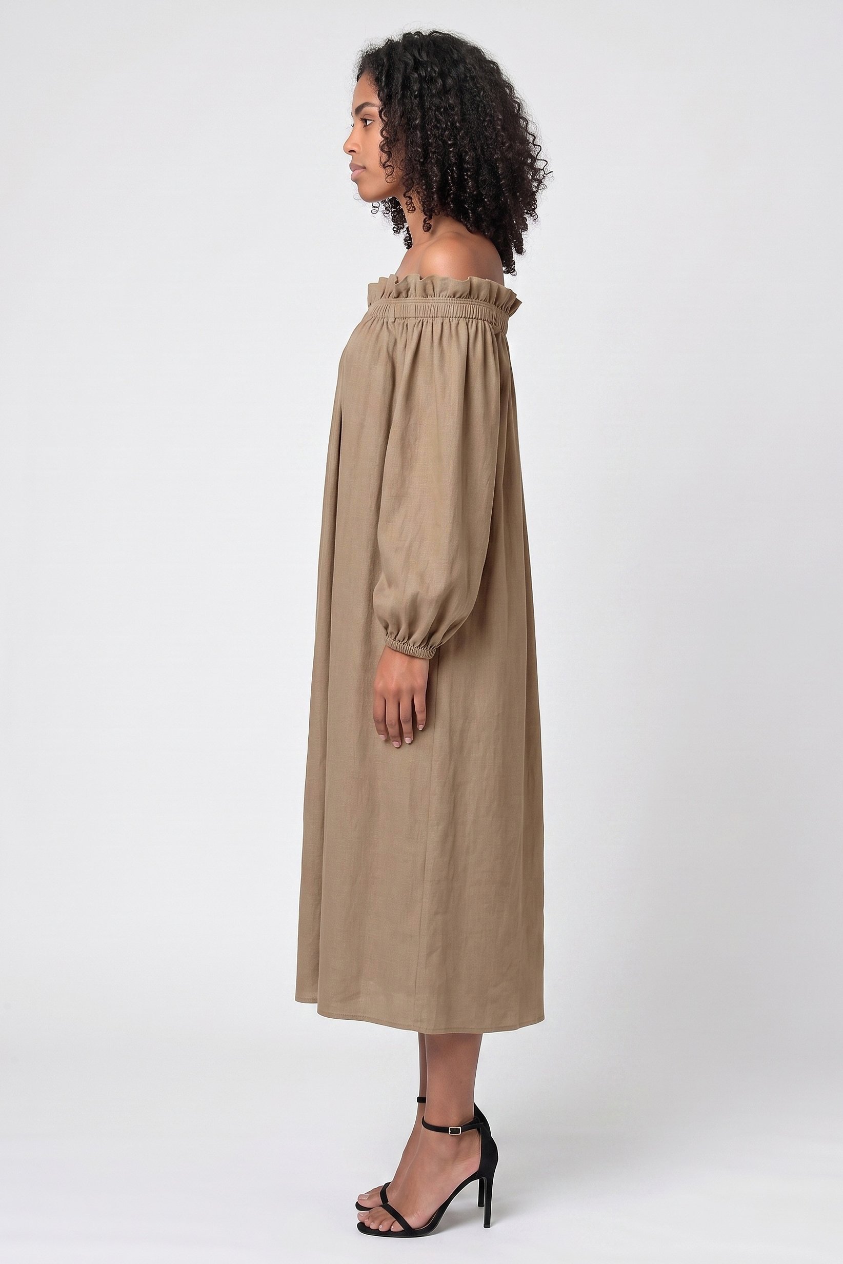 Women Textured Off Shoulder Midi Dress, Tan