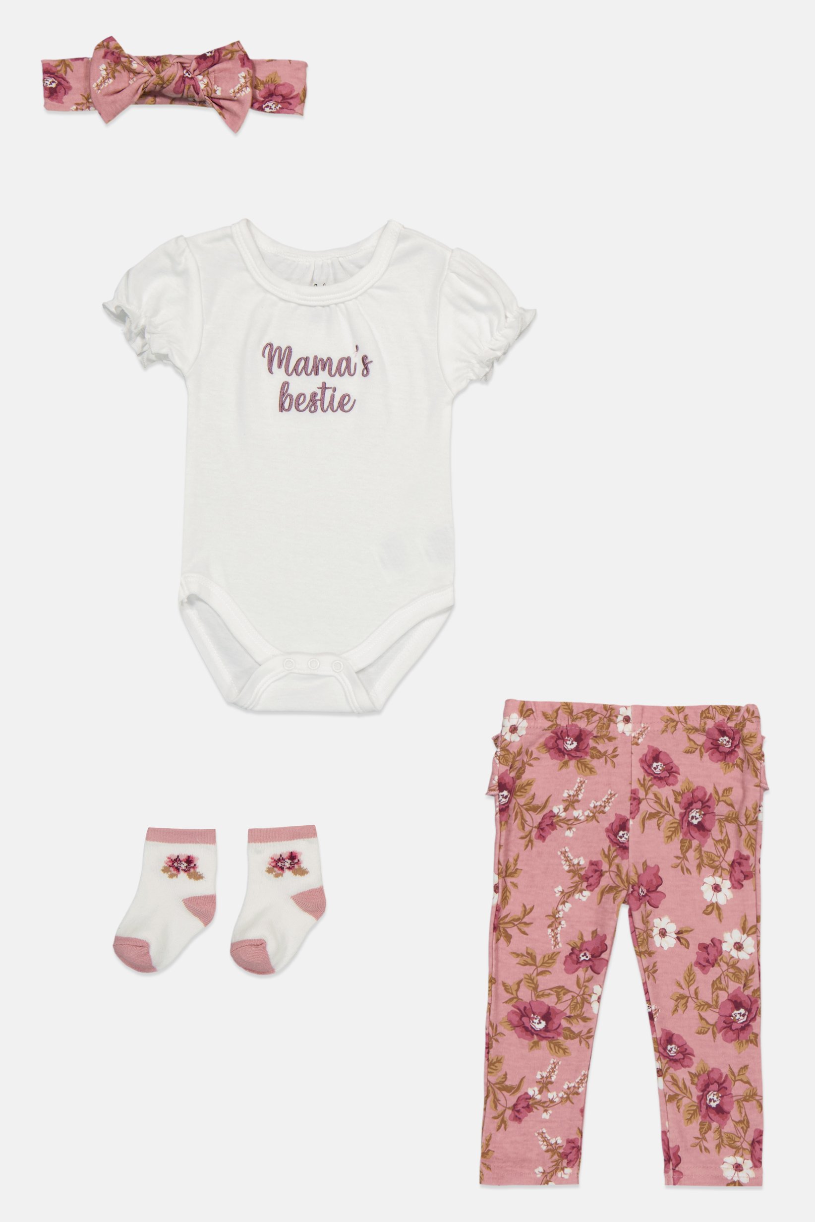 Toddlers Girl 4 Pcs Embroidered Bodysuit And Pants With Headband And Socks Set, Multicolor