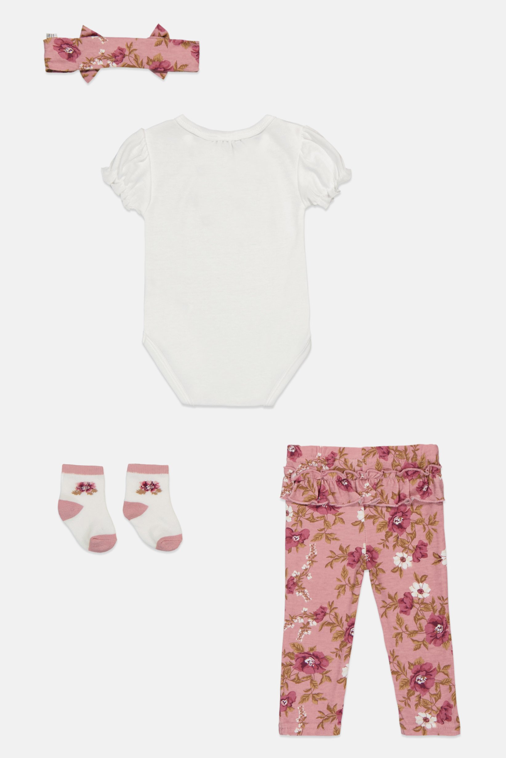 Toddlers Girl 4 Pcs Embroidered Bodysuit And Pants With Headband And Socks Set, Multicolor