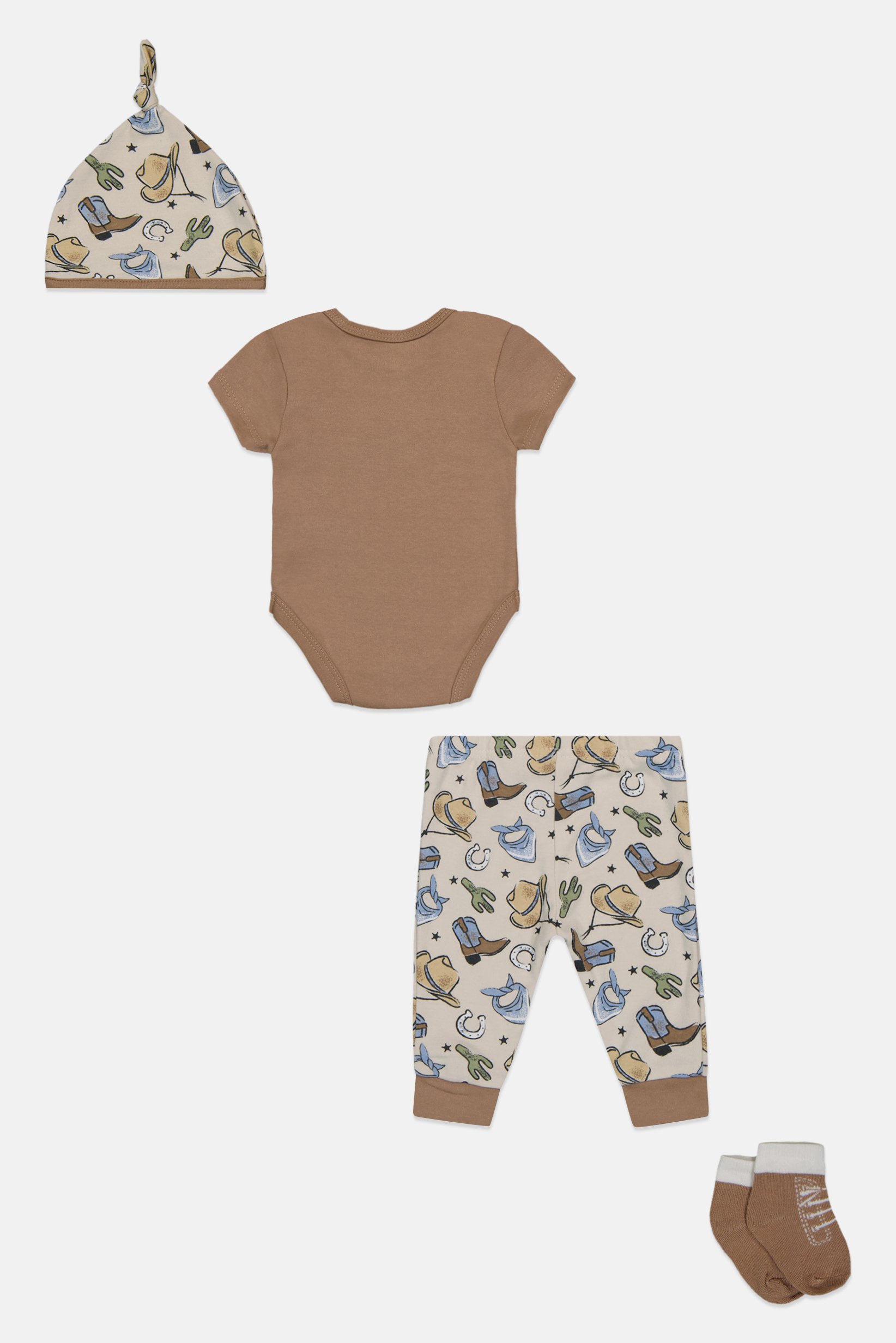 Toddlers Boy 4 Pcs Embroidered Bodysuit And Pants With Beanie And Socks Set, Multicolor