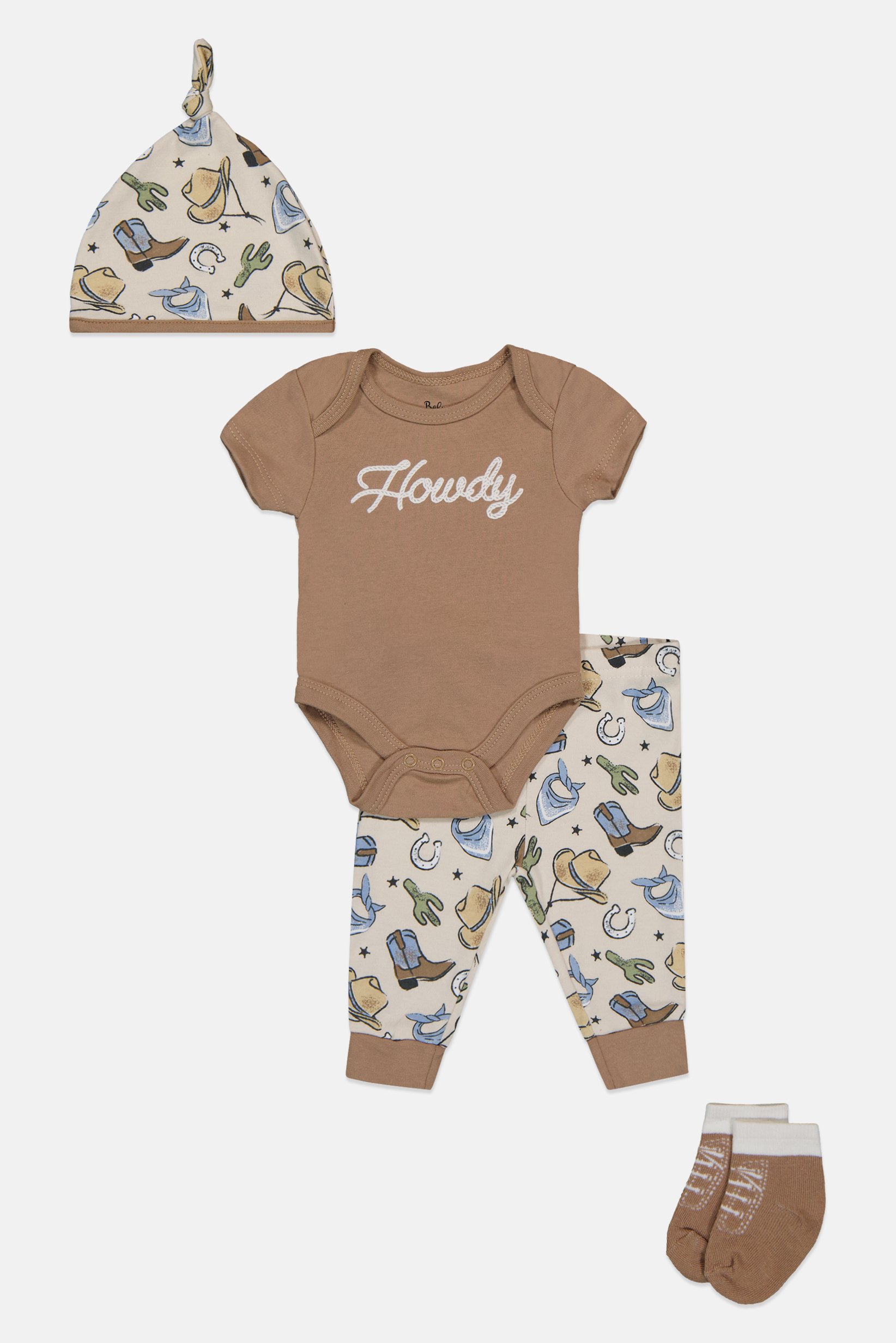 Toddlers Boy 4 Pcs Embroidered Bodysuit And Pants With Beanie And Socks Set, Multicolor