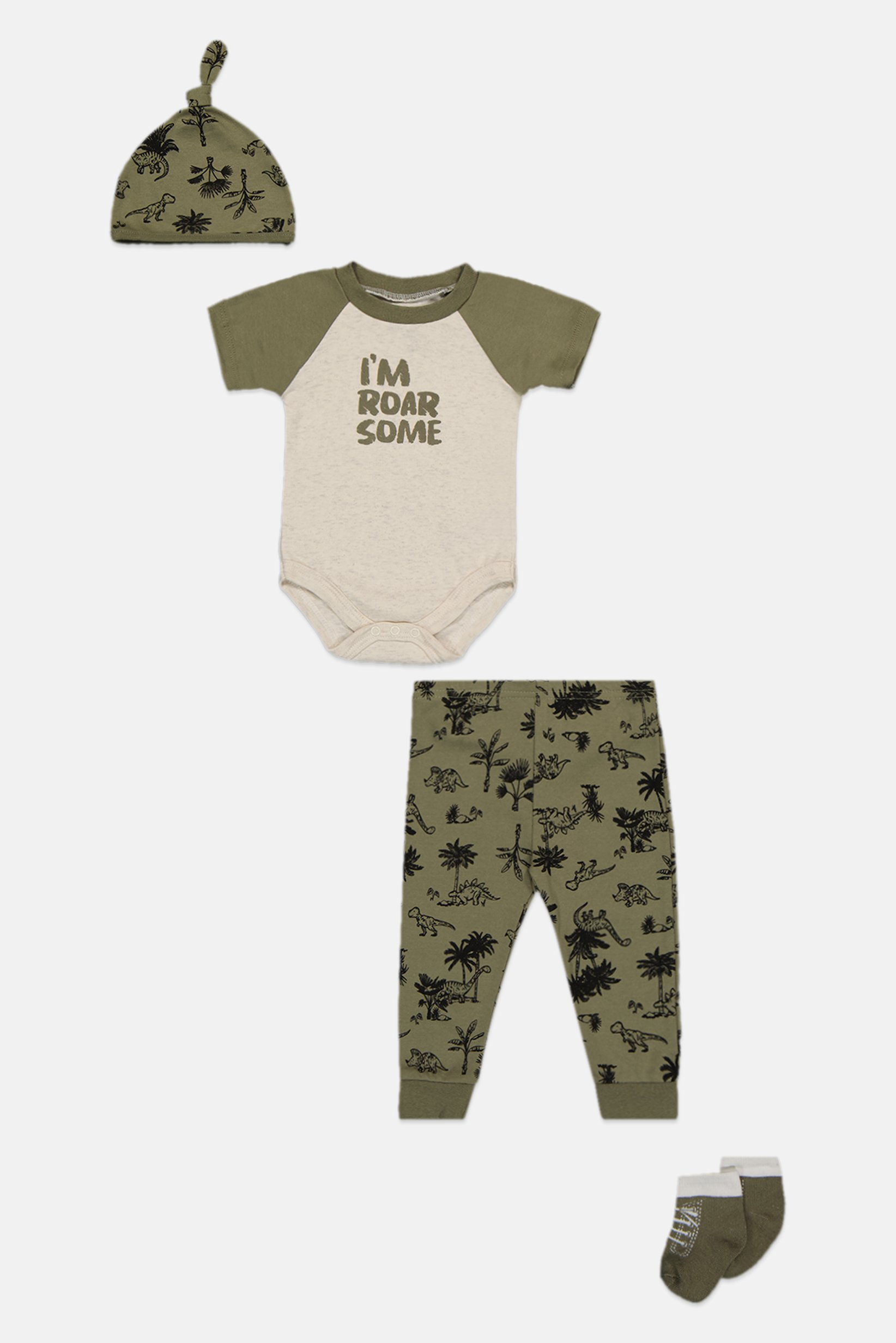Toddlers Boy 4 Pcs Graphic Print Bodysuit And Pants With Beanie And Socks Set, Multicolor