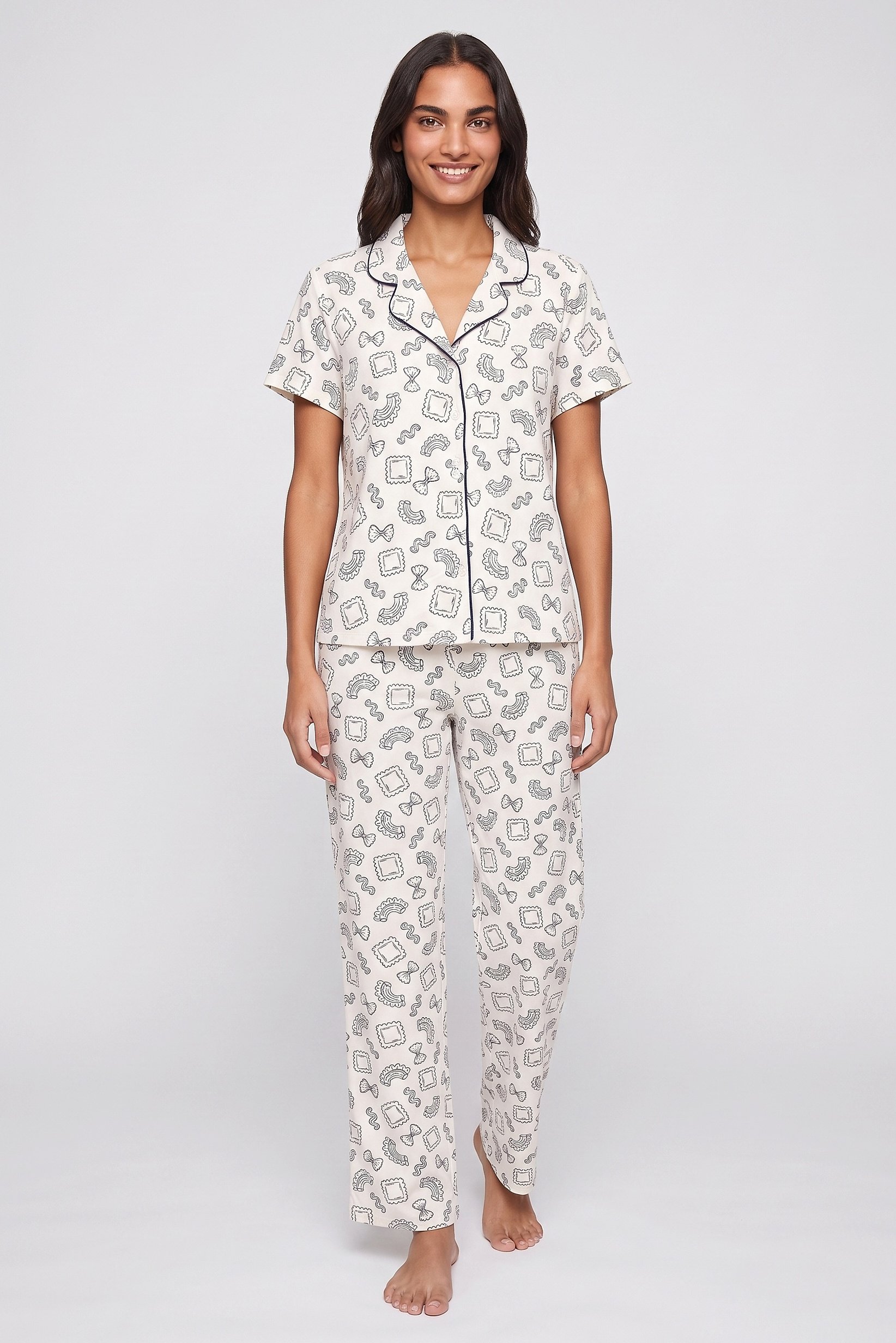 Women 2 Pcs Short Sleeve Allover Print Top And Pants Pyjama Set, Multicolor