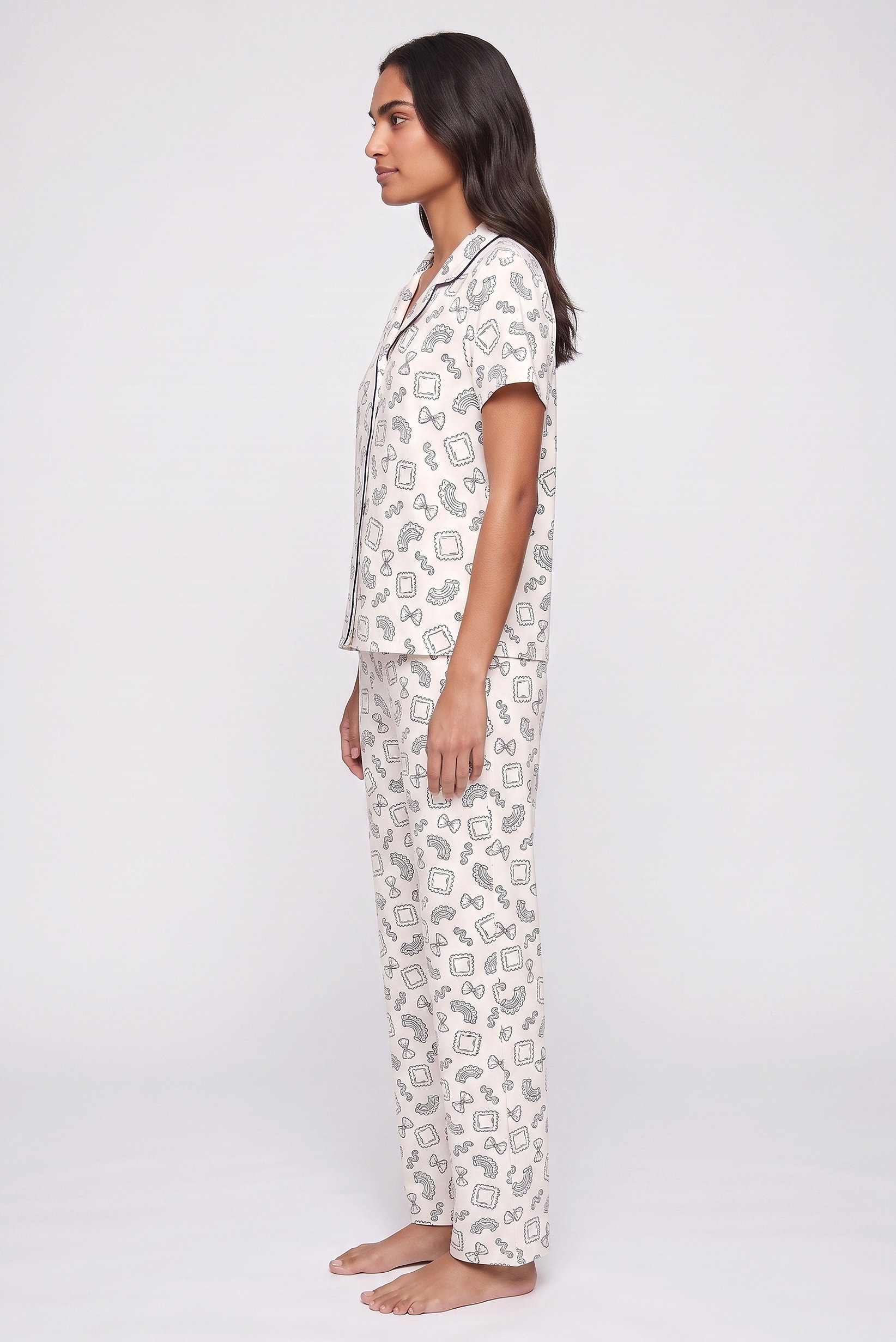 Women 2 Pcs Short Sleeve Allover Print Top And Pants Pyjama Set, Multicolor