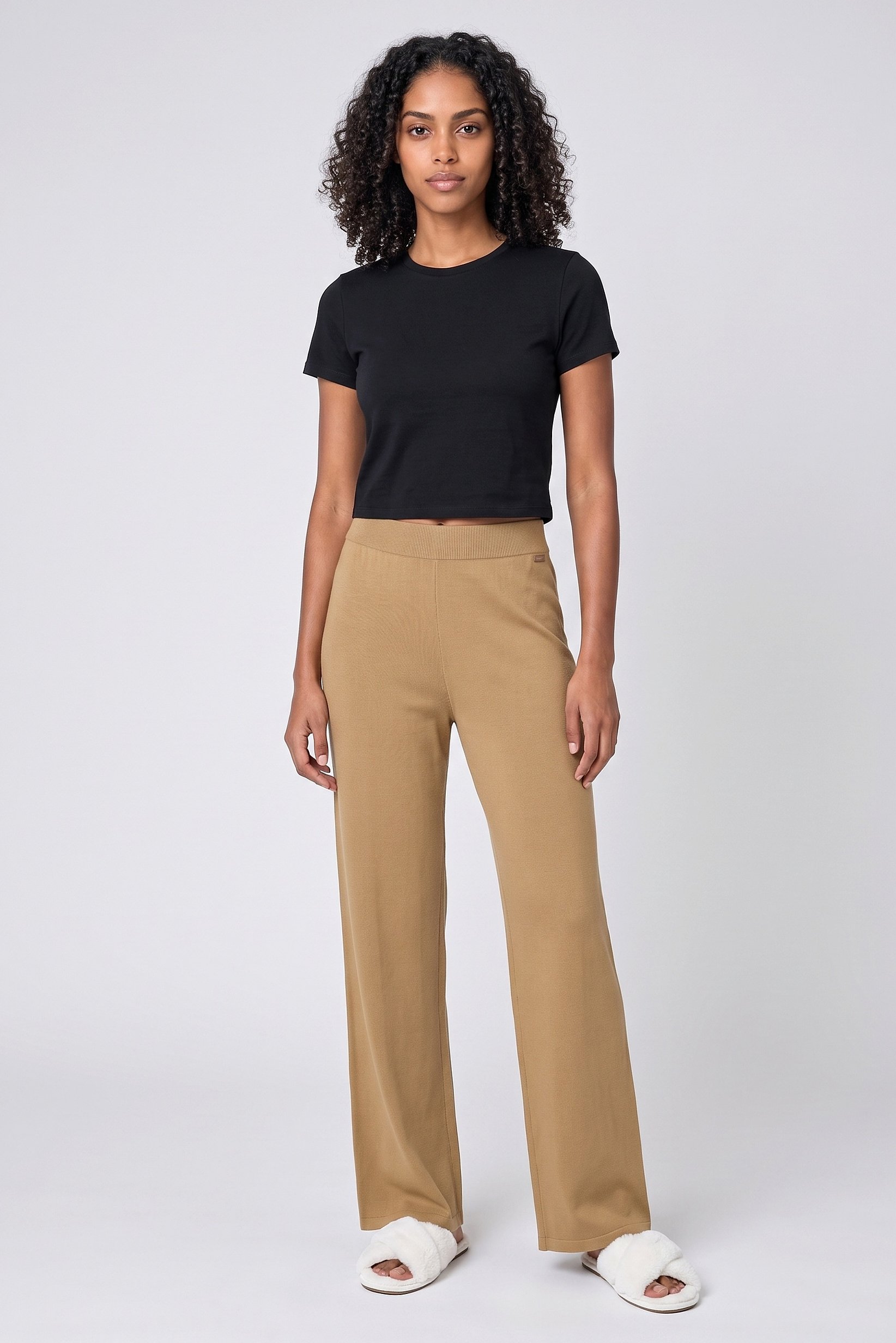 Women Pull On Knitted Sleepwear Pants, Tan