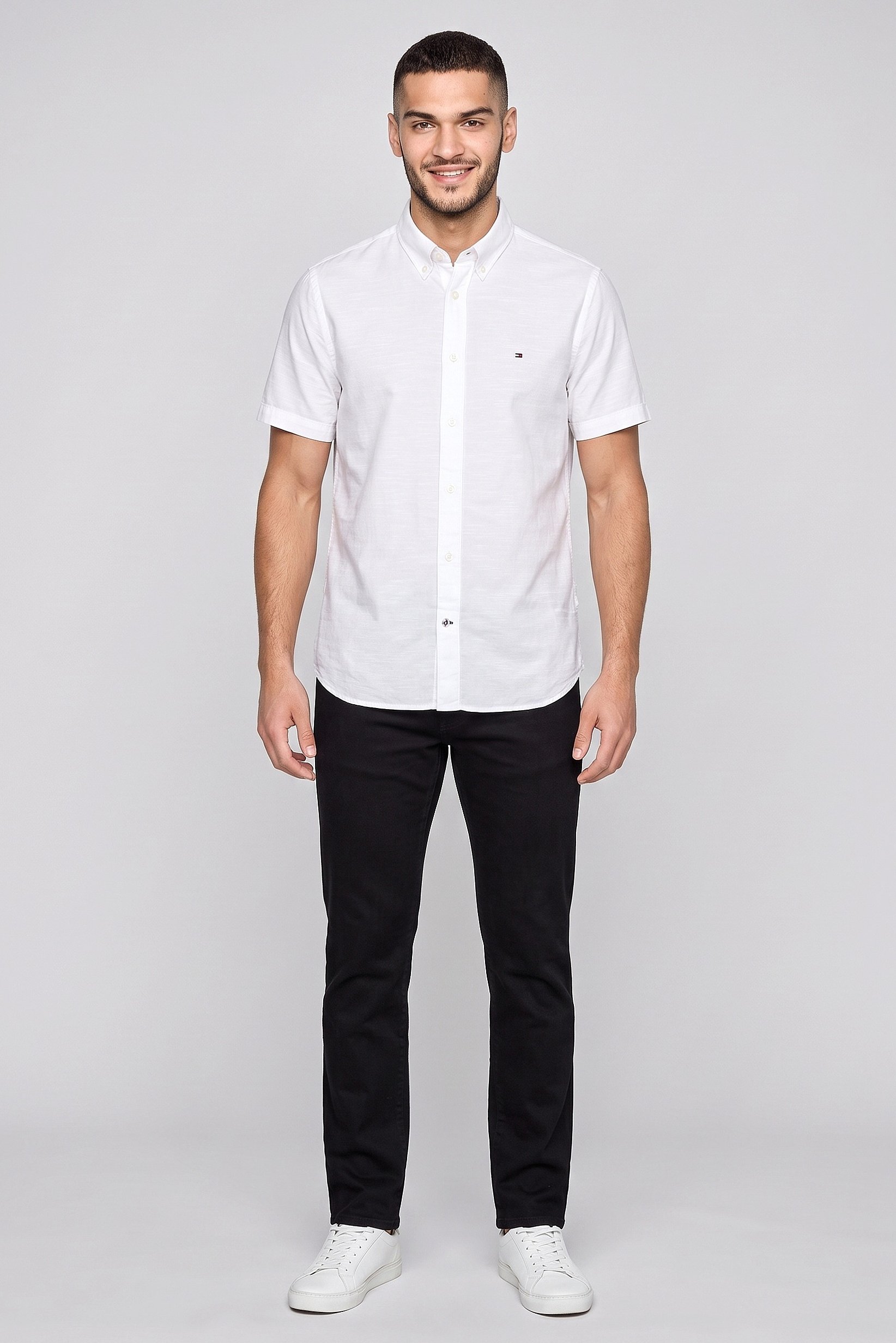 Men Regular Fit Short Sleeve Embroidered Logo Casual Shirt, White