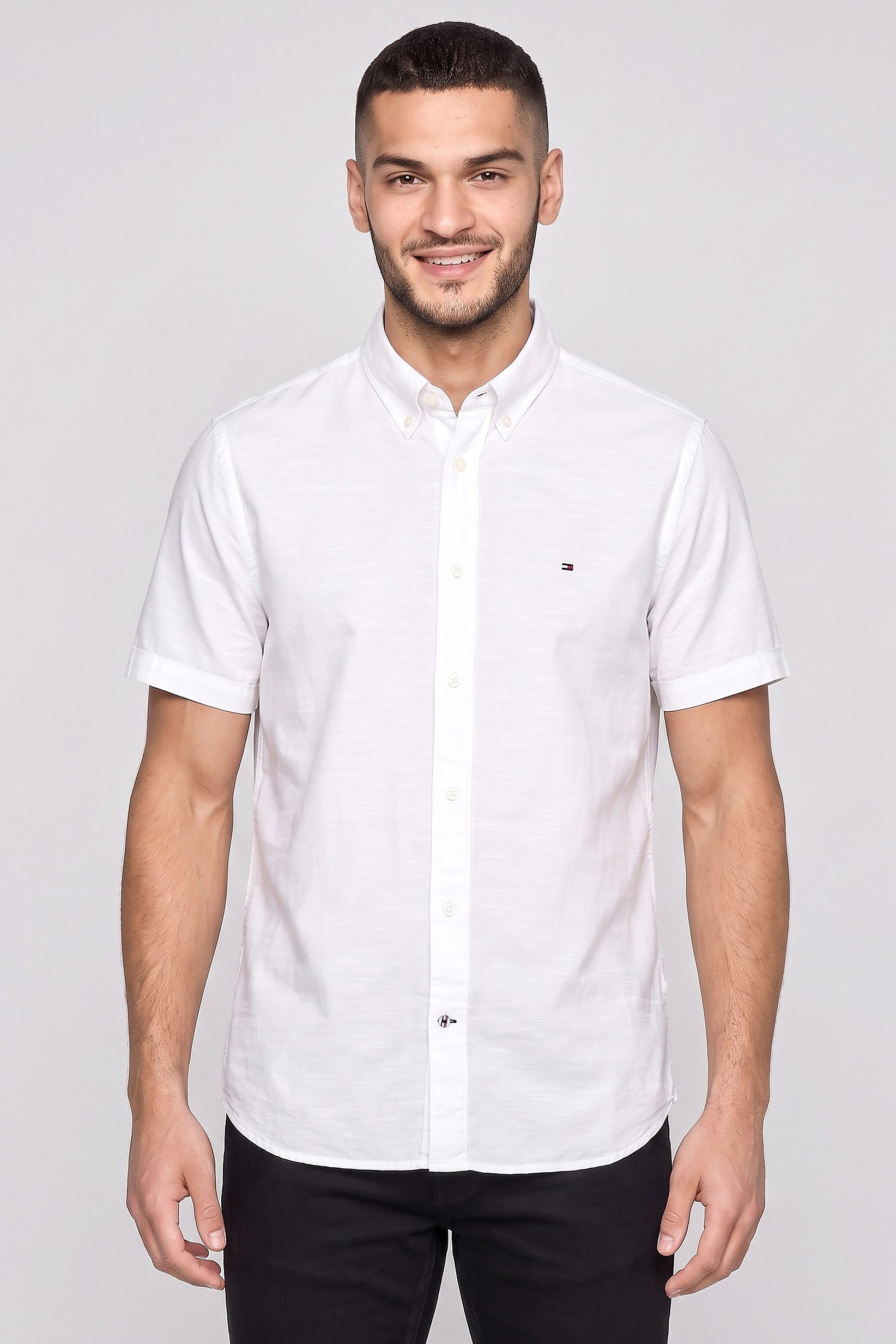 Men Regular Fit Short Sleeve Embroidered Logo Casual Shirt, White