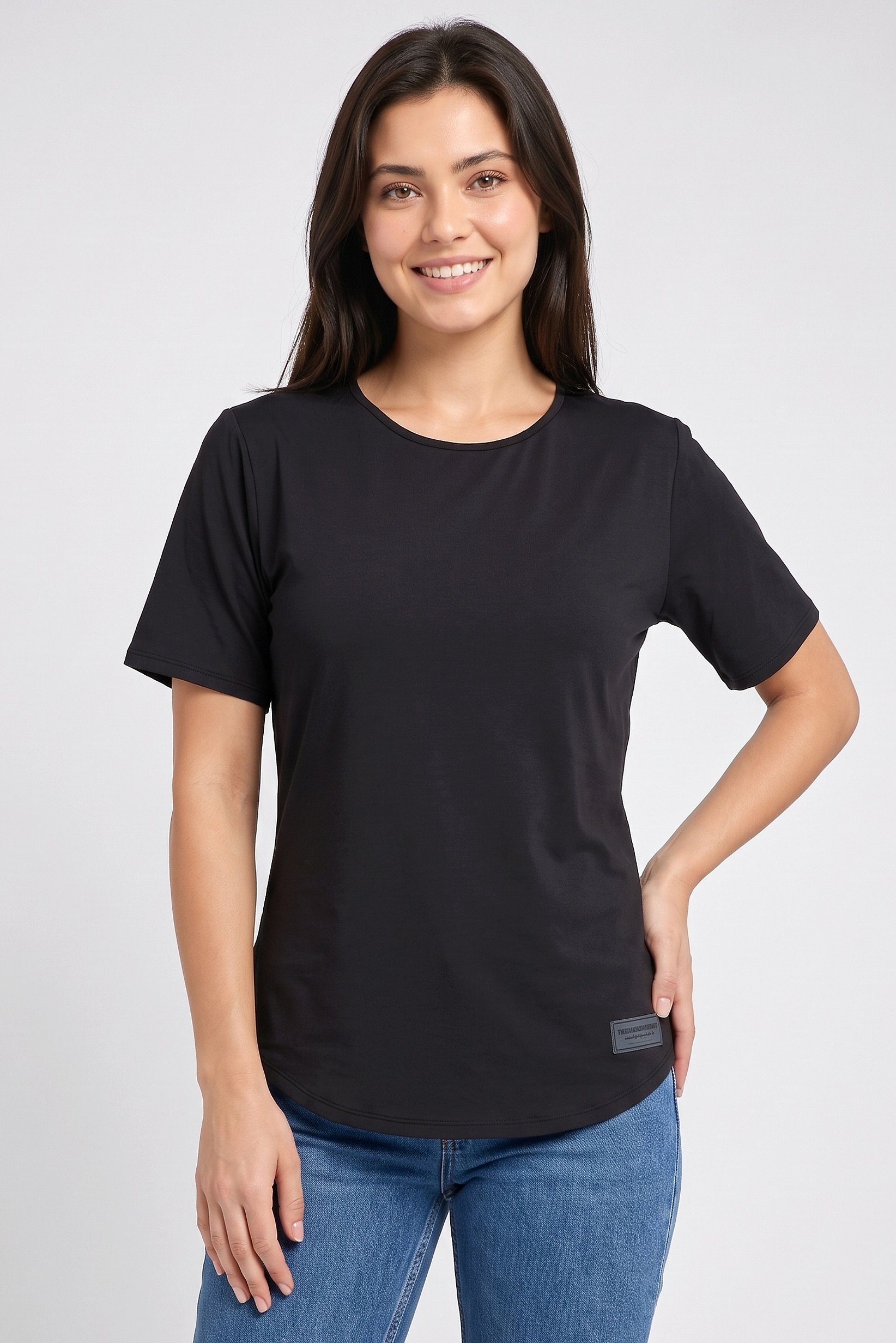 Women Round Neck Short Sleeve Brand Logo T-Shirt, Black
