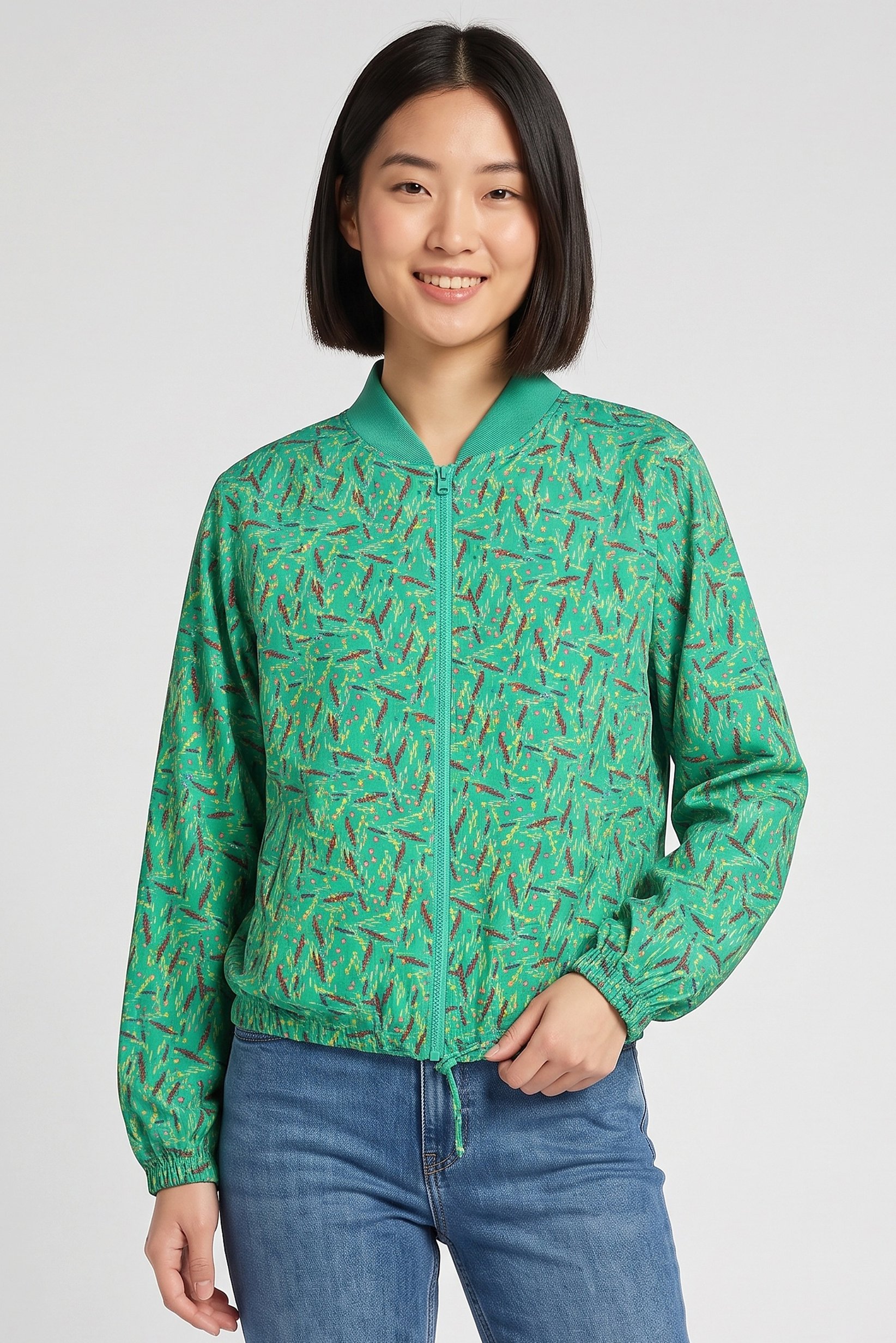 Women Allover Print Full Zip Jacket Shirt, Multicolor
