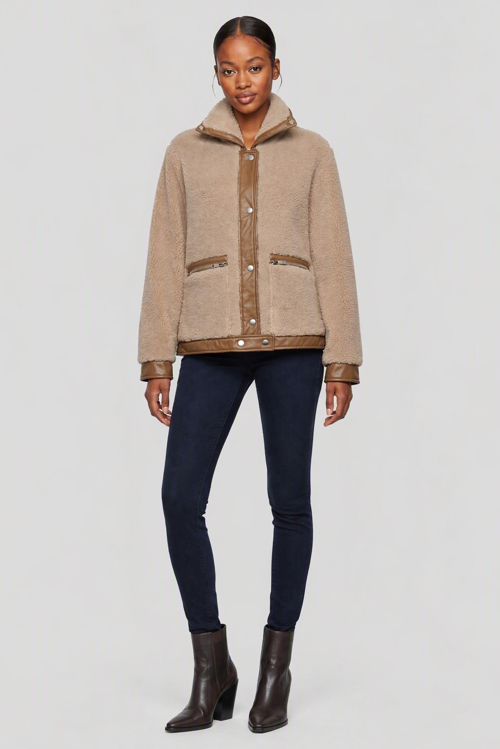 Women Textured Sherpa Jacket, Tan