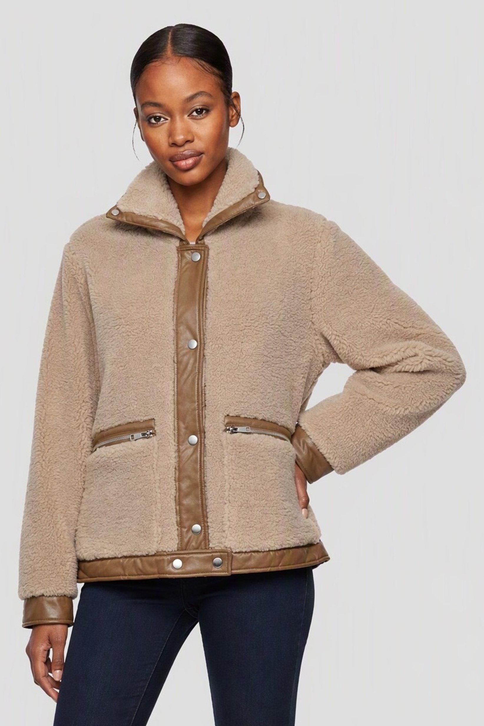 Women Textured Sherpa Jacket, Tan