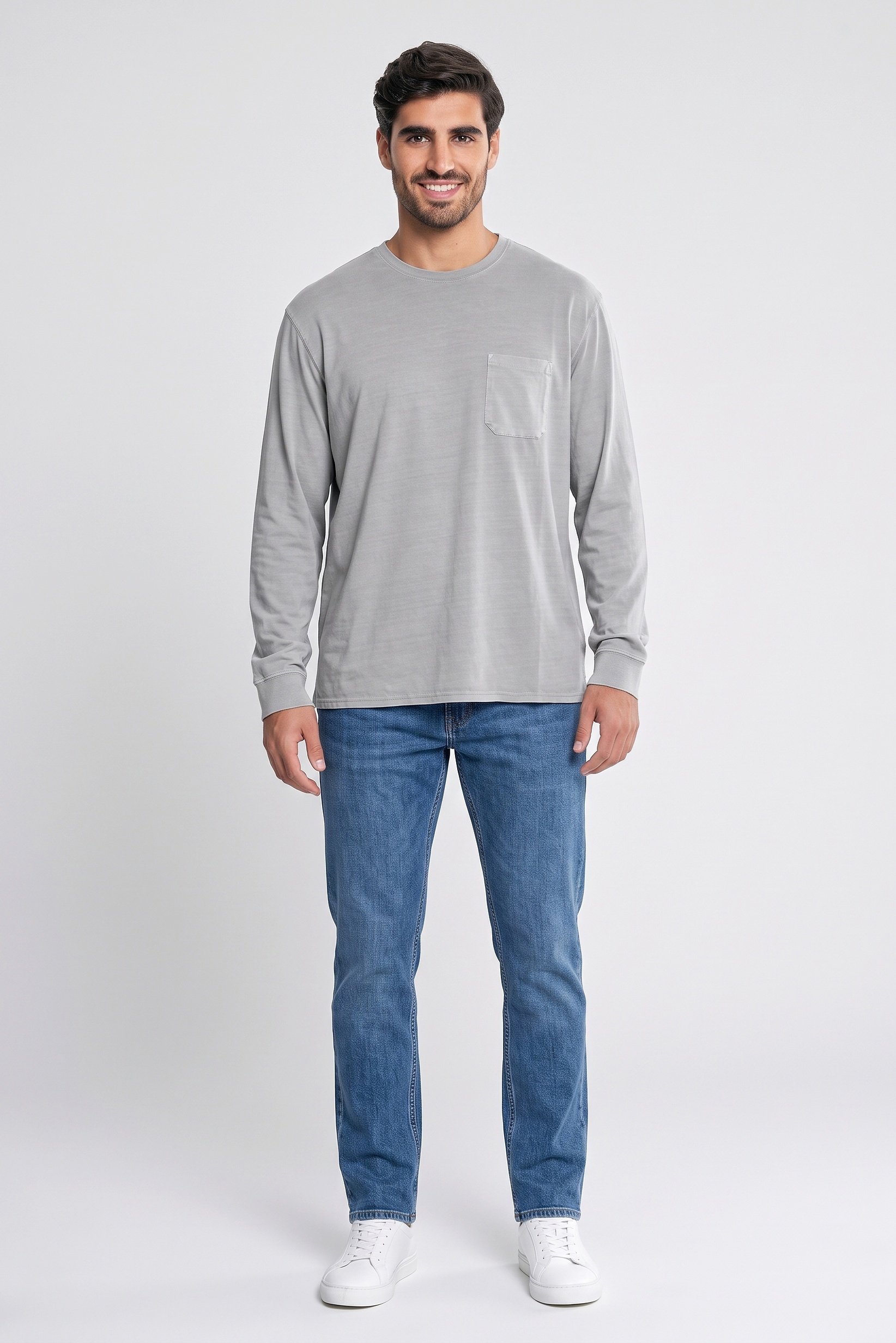 Men Tall Fit Crew Neck Long Sleeves Textured T-shirt, Light Grey