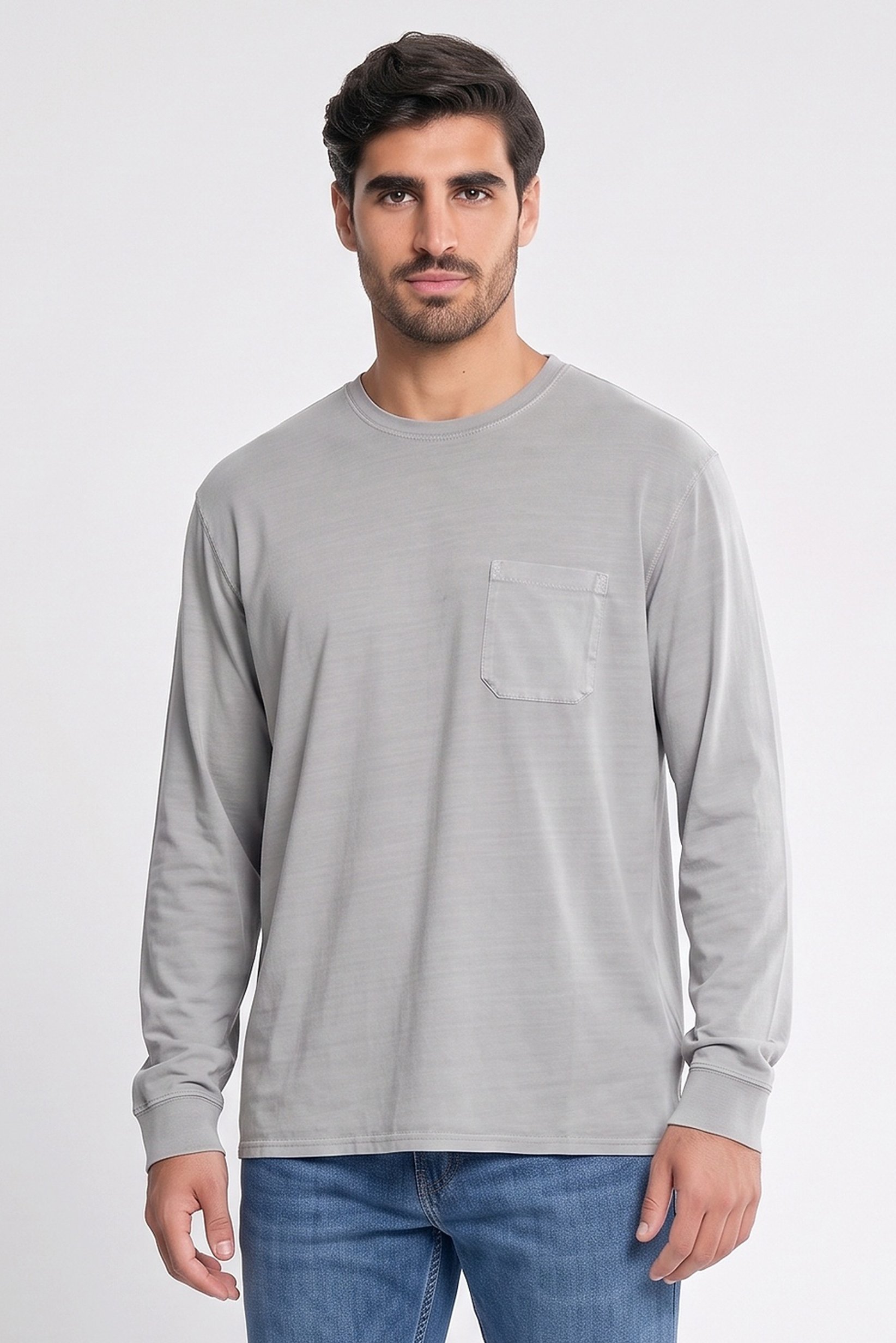 Men Tall Fit Crew Neck Long Sleeves Textured T-shirt, Light Grey
