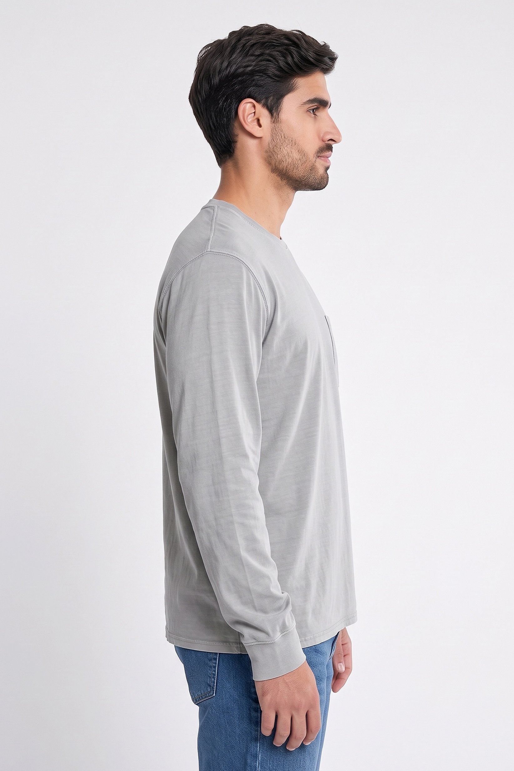Men Tall Fit Crew Neck Long Sleeves Textured T-shirt, Light Grey