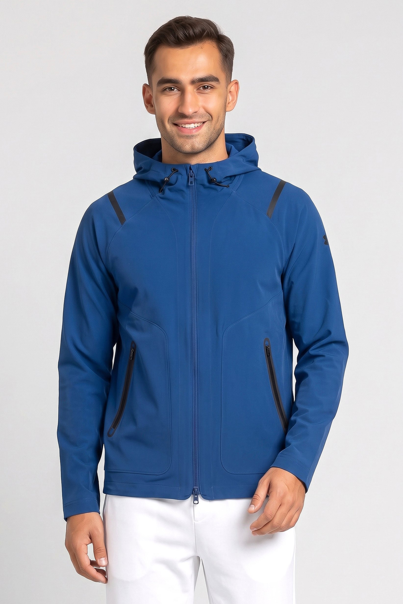 Men Loose Fit Long Sleeve Outdoor Windbreaker Jacket, Teal Blue