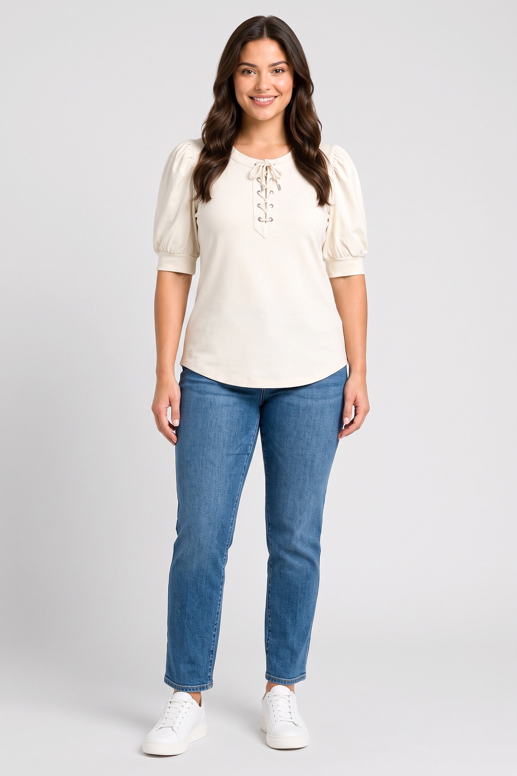 Lauren by Ralph Lauren Women Petite Puffed Sleeve Plain Top, Light Beige