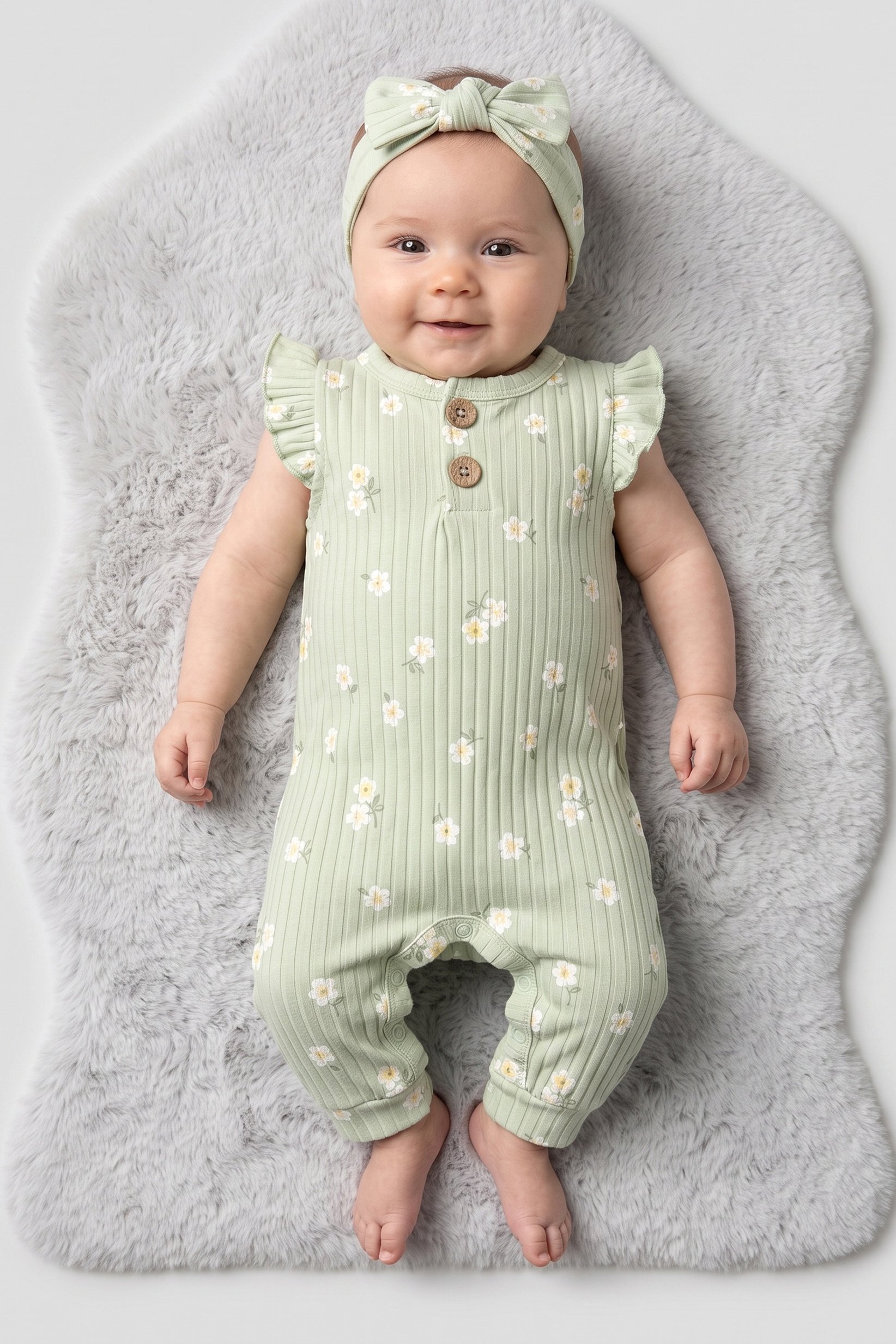 Toddlers Girl 2 Pcs Floral Print Rompers With Headband Set, Sage Green