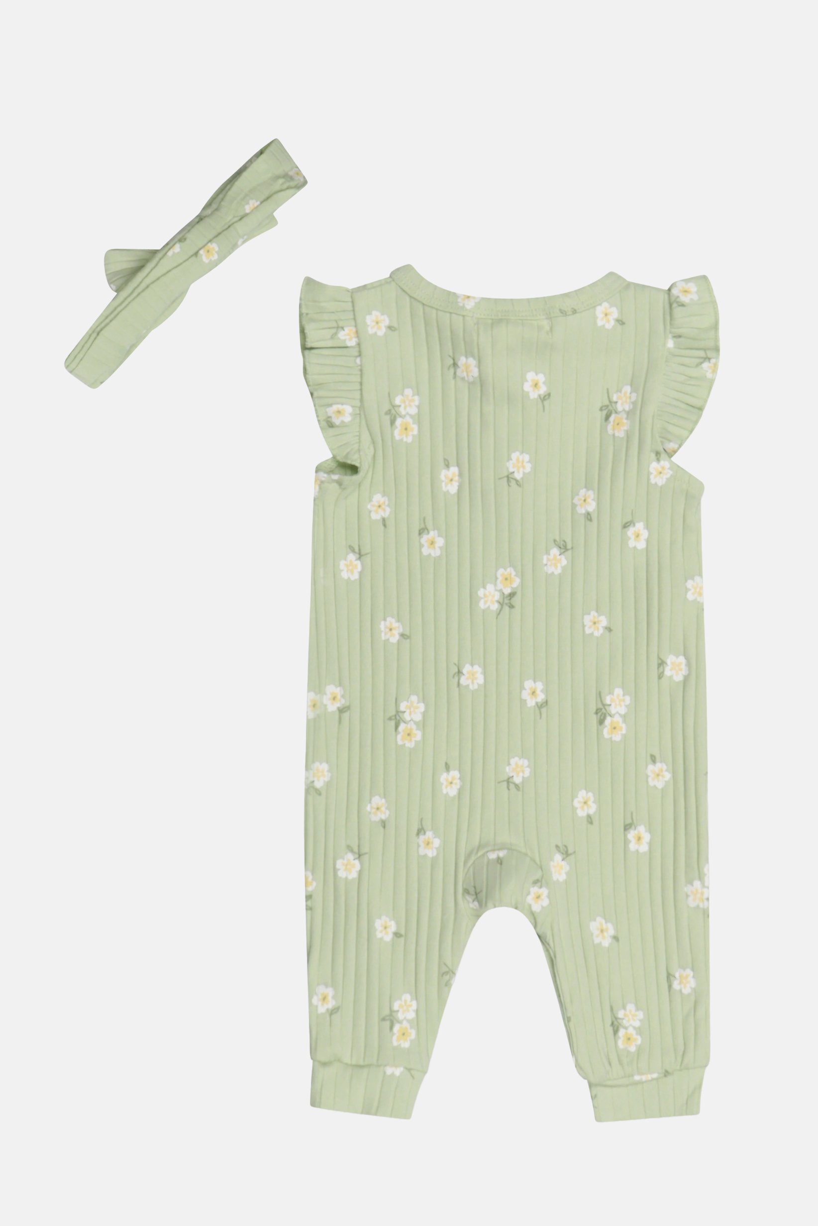 Toddlers Girl 2 Pcs Floral Print Rompers With Headband Set, Sage Green