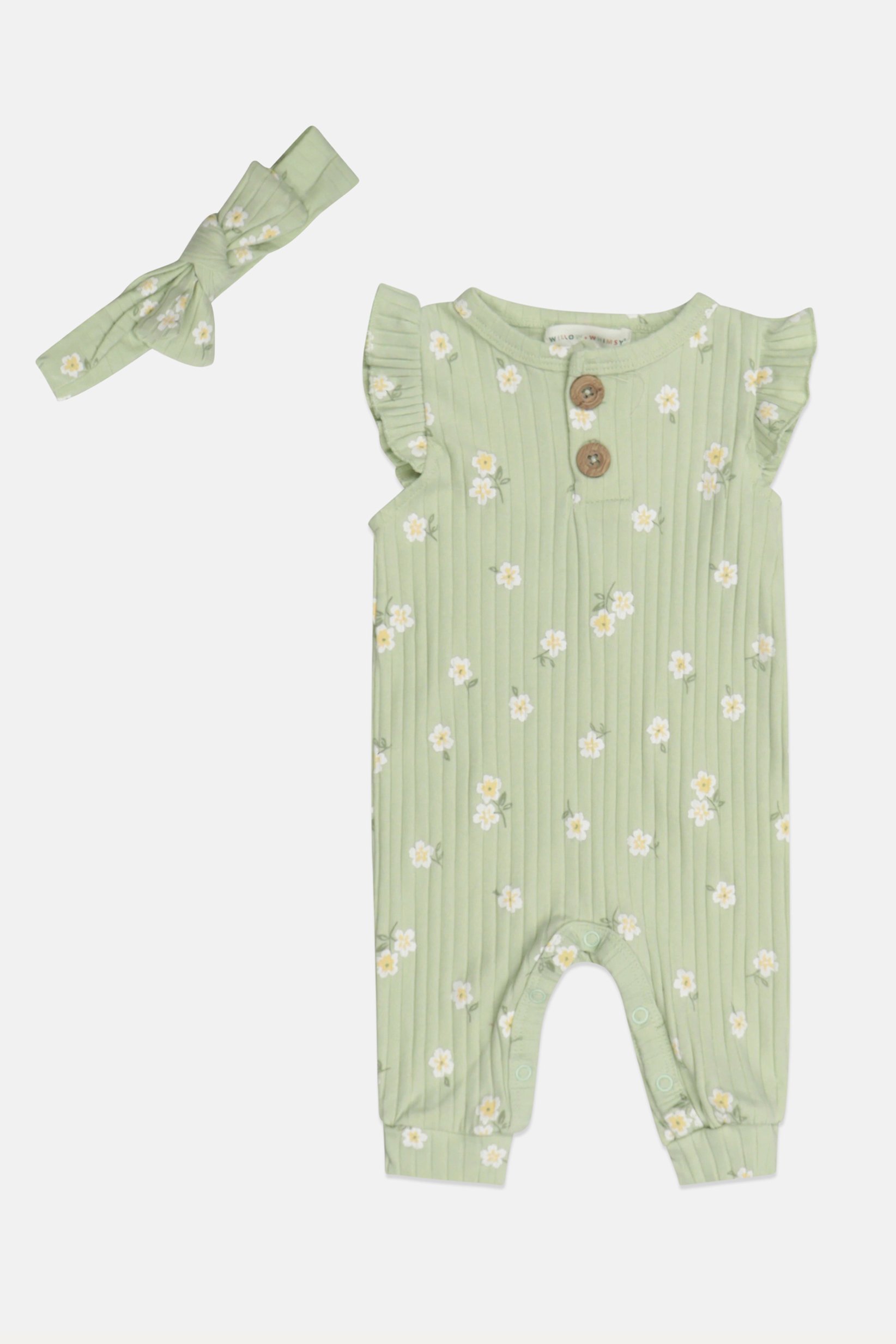 Toddlers Girl 2 Pcs Floral Print Rompers With Headband Set, Sage Green