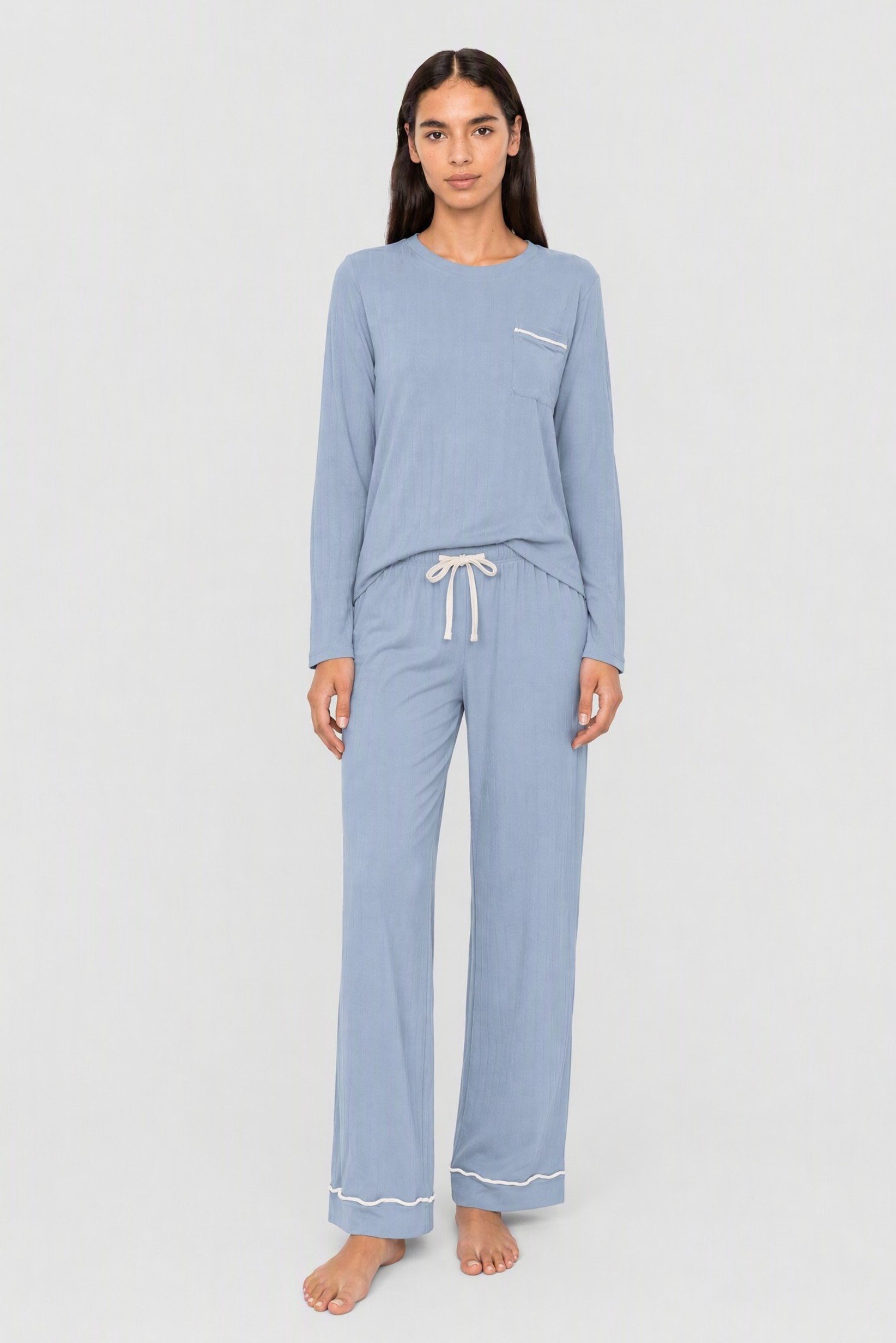 Women 2 Pieces Textured Long Sleeve Pajama Set, Dusty Blue