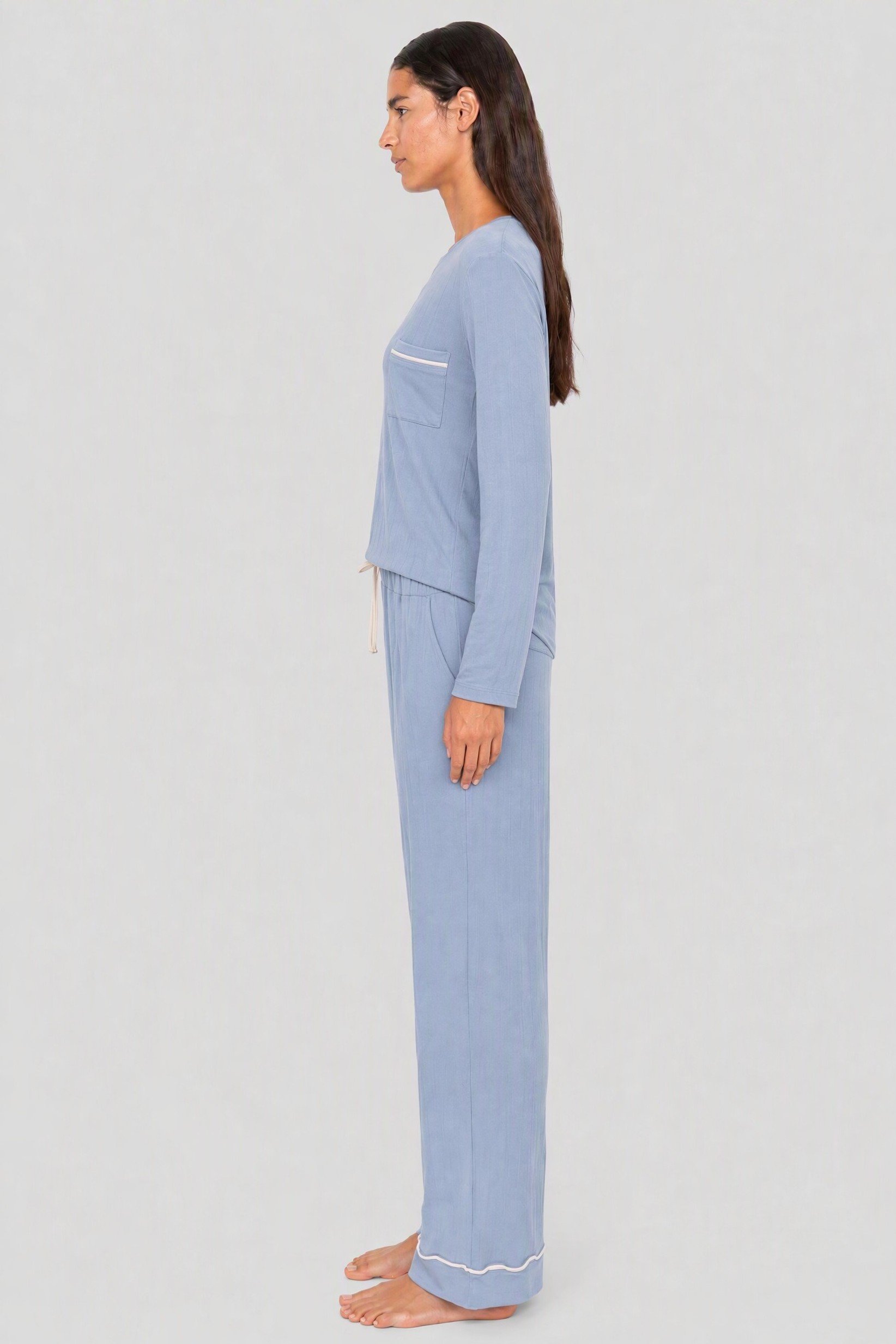 Women 2 Pieces Textured Long Sleeve Pajama Set, Dusty Blue