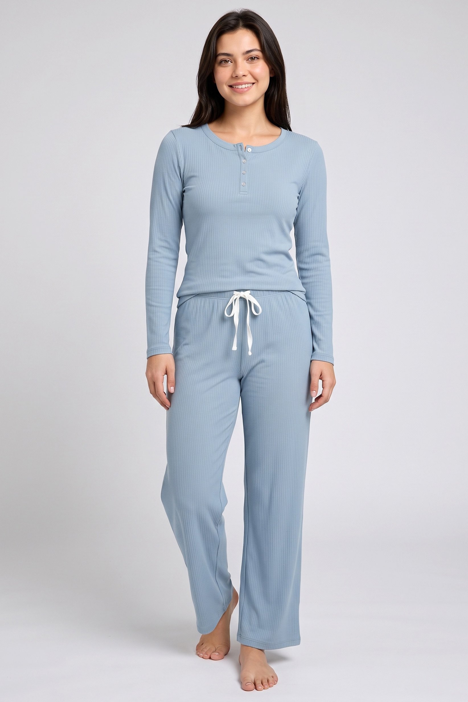 Organic Everyday Women 2 Pcs Ribbed Long Sleeve Top And Bottom Pyjama Set, Light Blue