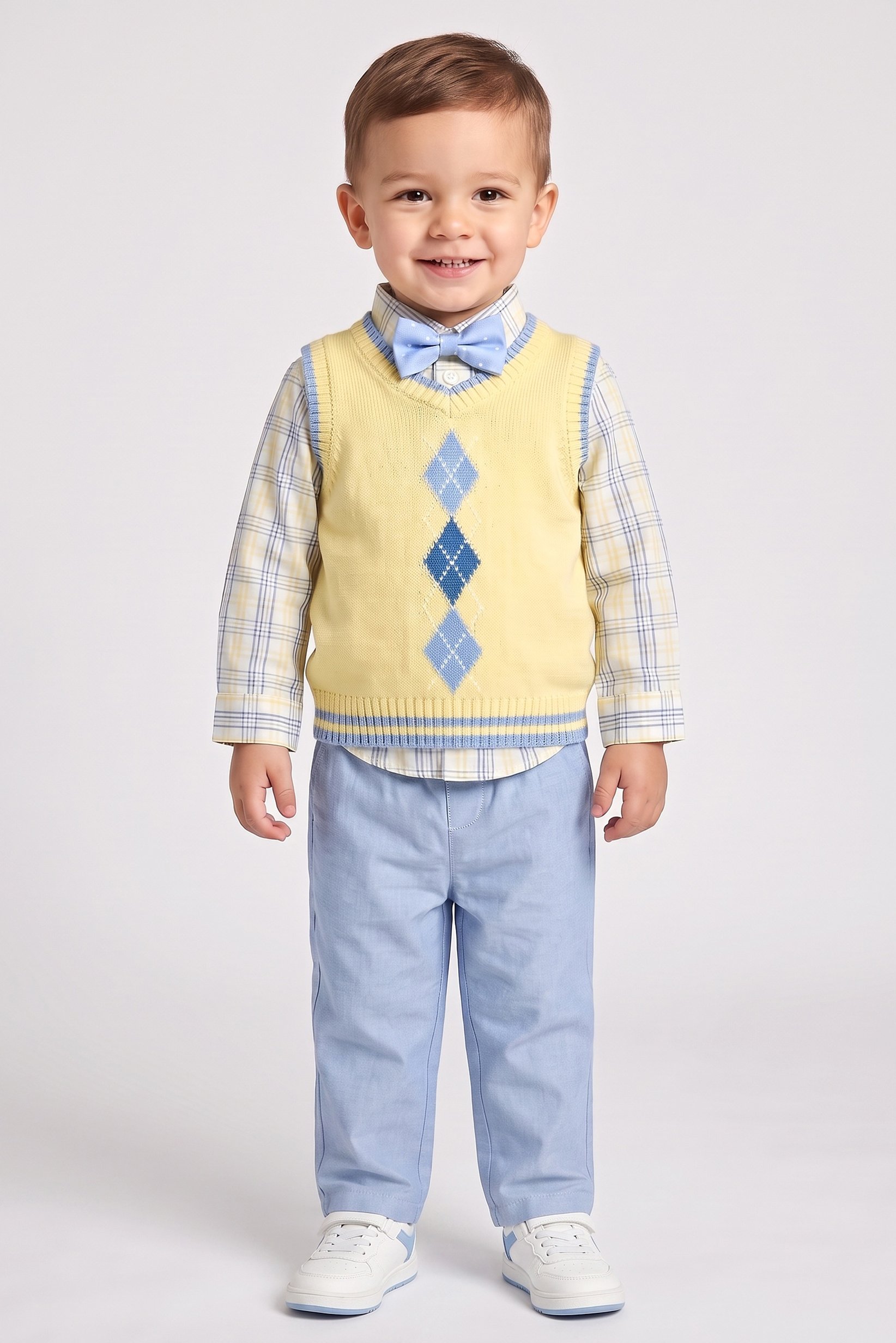 Toddlers Boy 4 Pcs Checkered Shirt And Pants With Bow Tie Vest Set, Multicolor