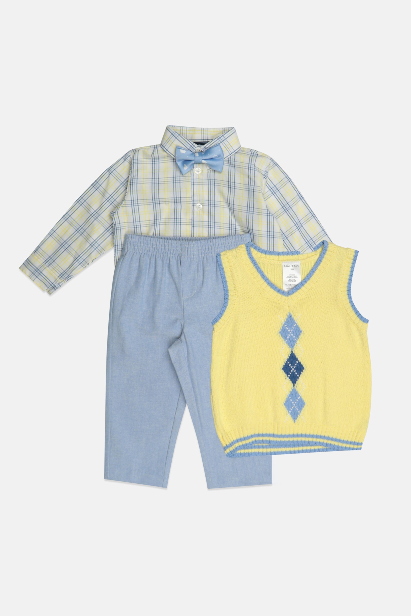Toddlers Boy 4 Pcs Checkered Shirt And Pants With Bow Tie Vest Set, Multicolor