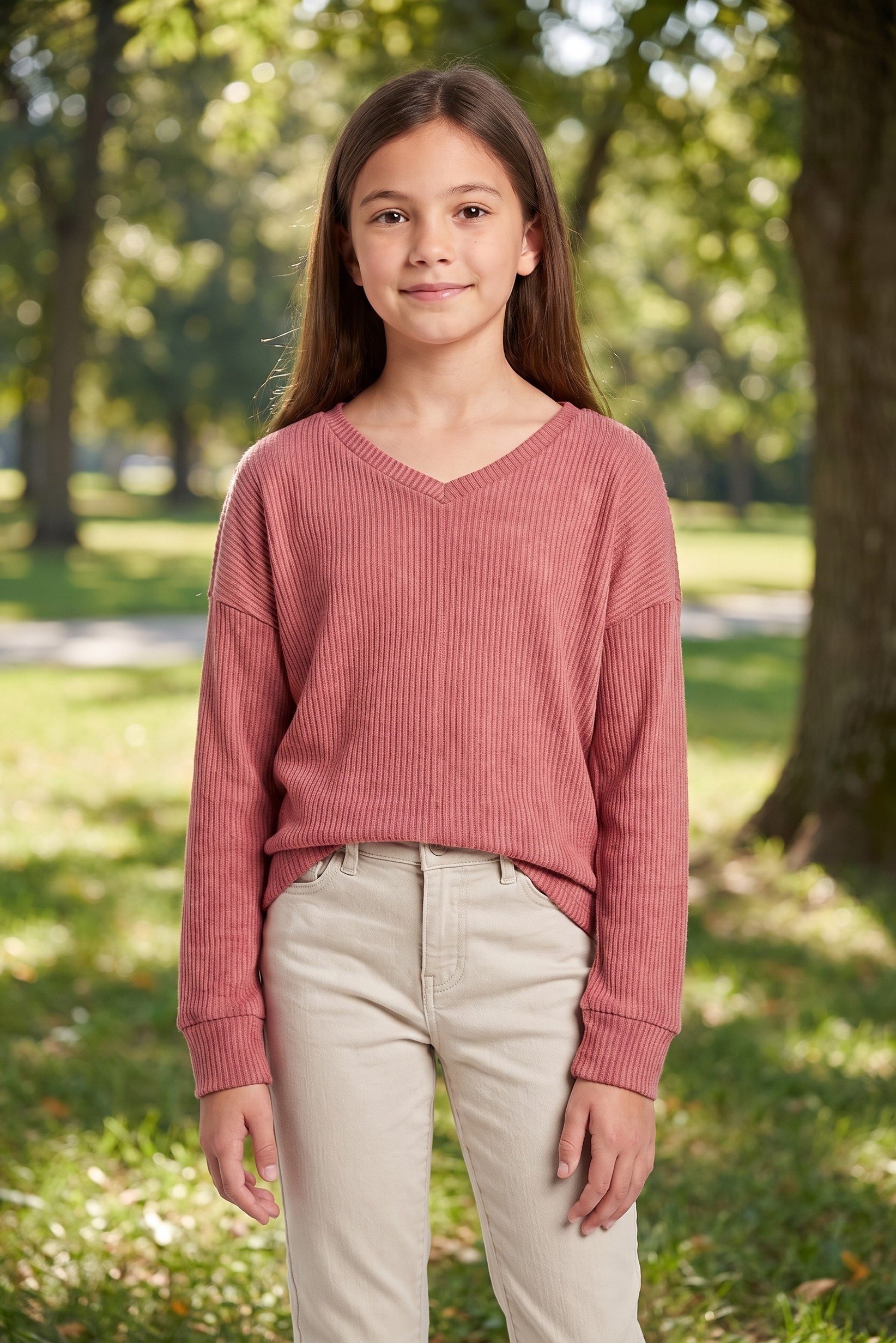 Kids Girl V Neck Textured Long Sleeves Sweater, Rust