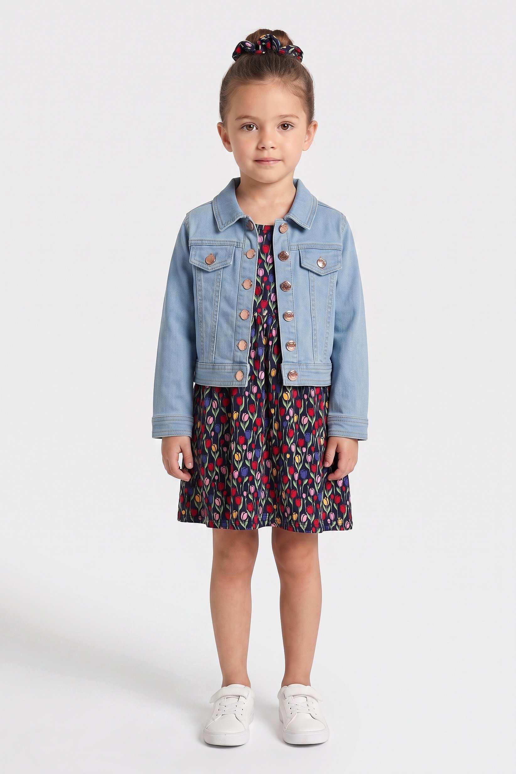 Kids Girl 3 Pieces Floral Print Denim Jacket With Dress And Headband Set, Multicolor