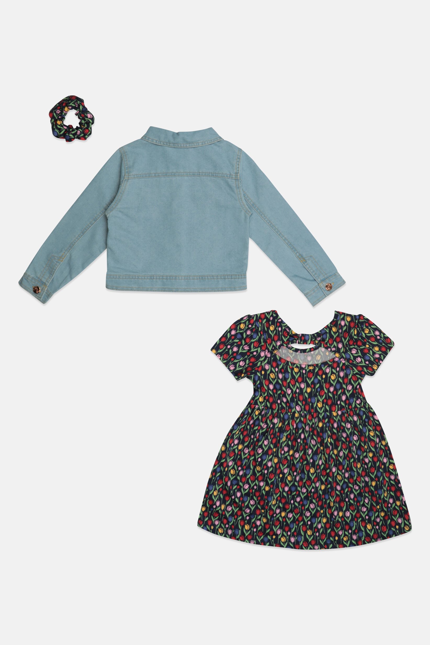 Kids Girl 3 Pieces Floral Print Denim Jacket With Dress And Headband Set, Multicolor