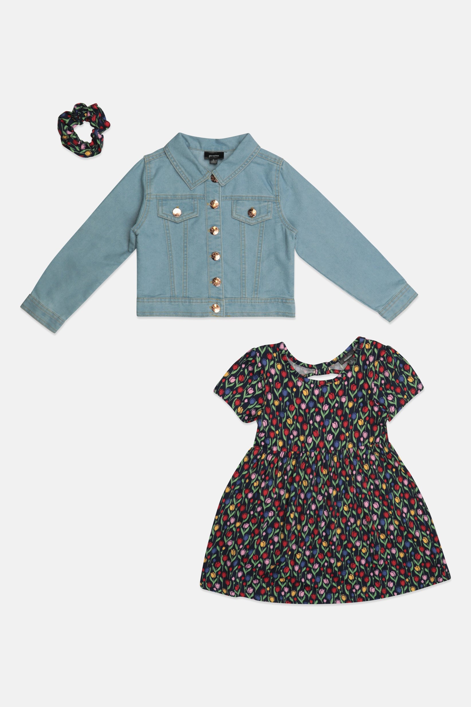 Kids Girl 3 Pieces Floral Print Denim Jacket With Dress And Headband Set, Multicolor