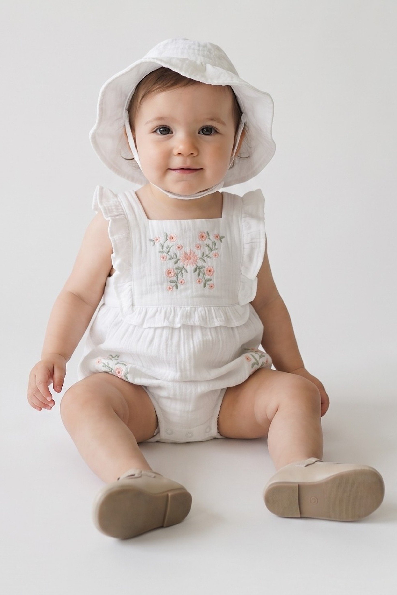 Toddlers Girl 2 Pieces Embroidered Bodysuits And Bucket Hat, White