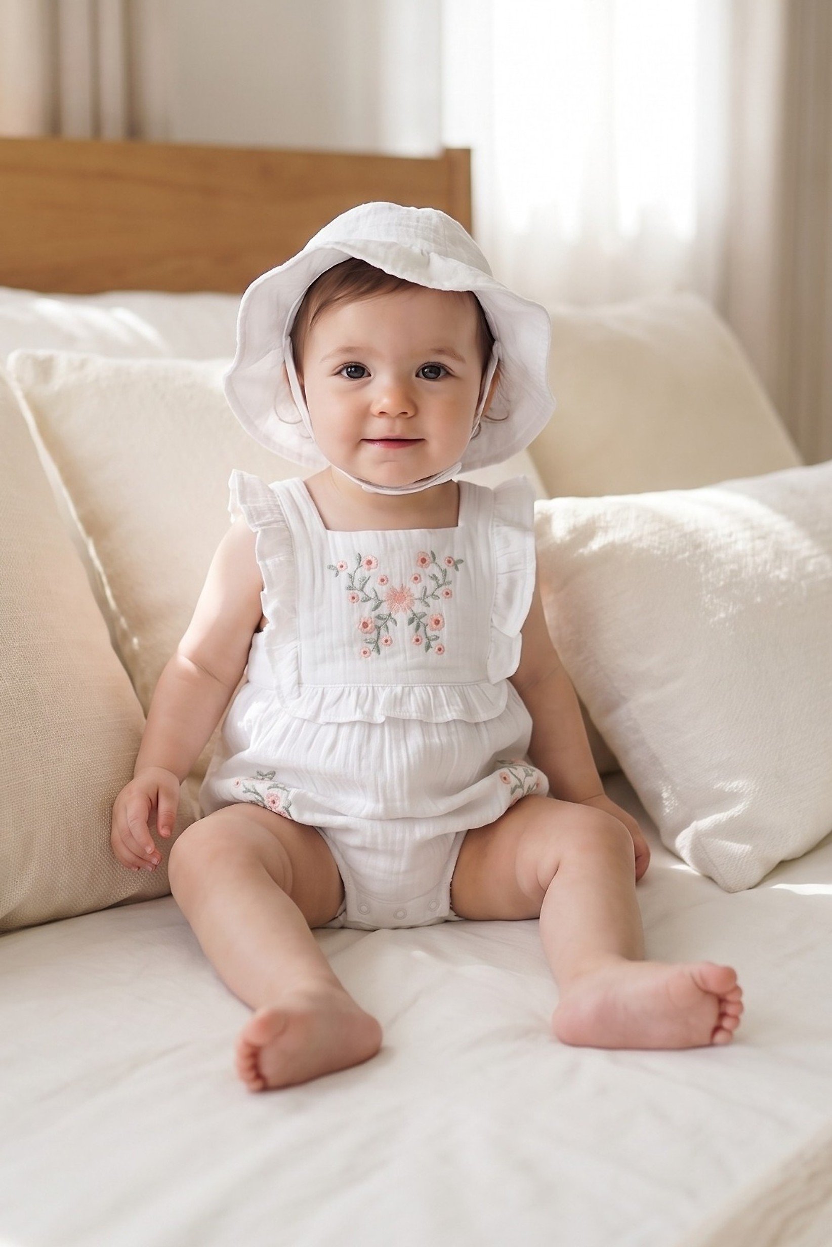 Toddlers Girl 2 Pieces Embroidered Bodysuits And Bucket Hat, White