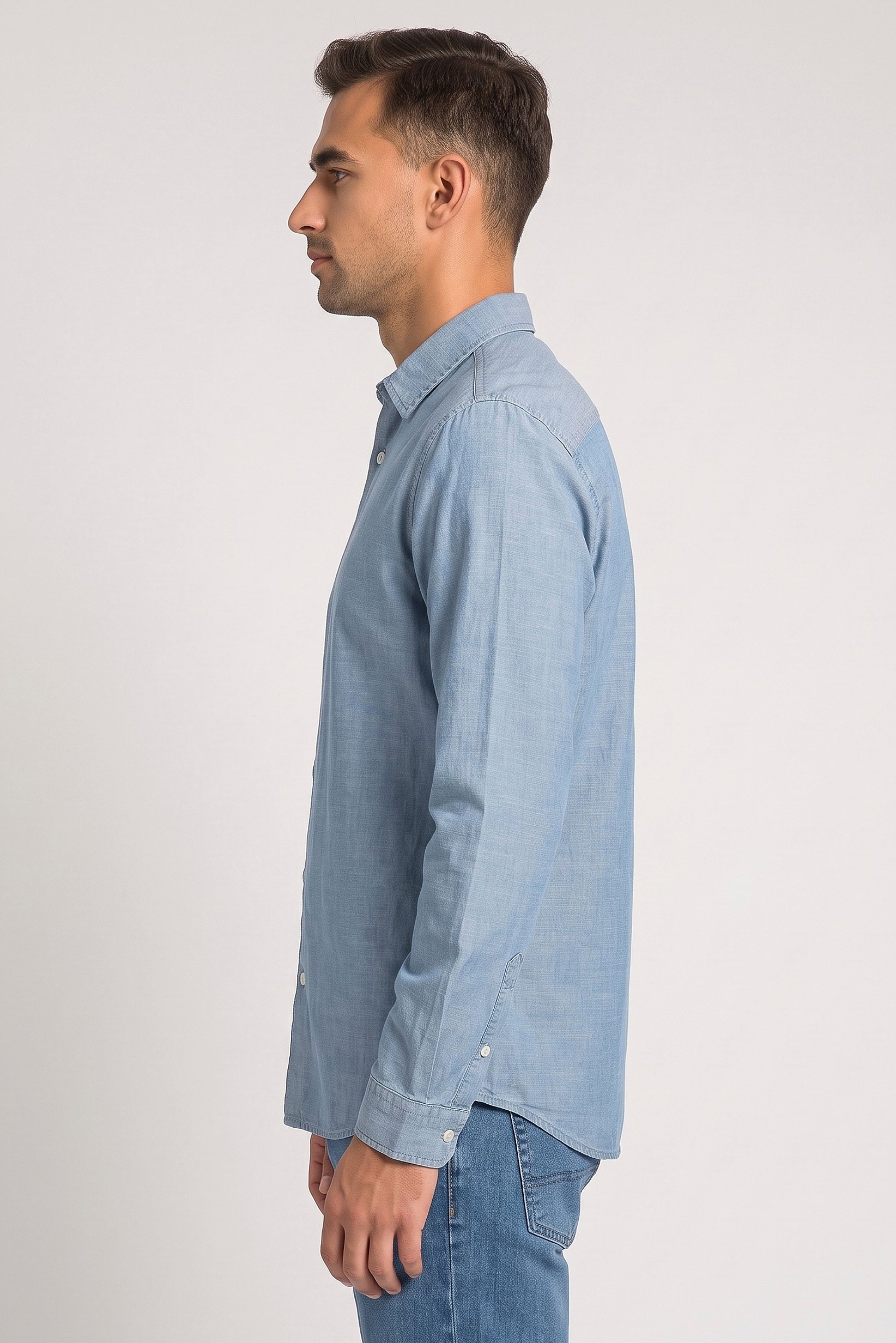 Men Regular Fit Long Sleeve Solid Casual Shirt, Denim Blue