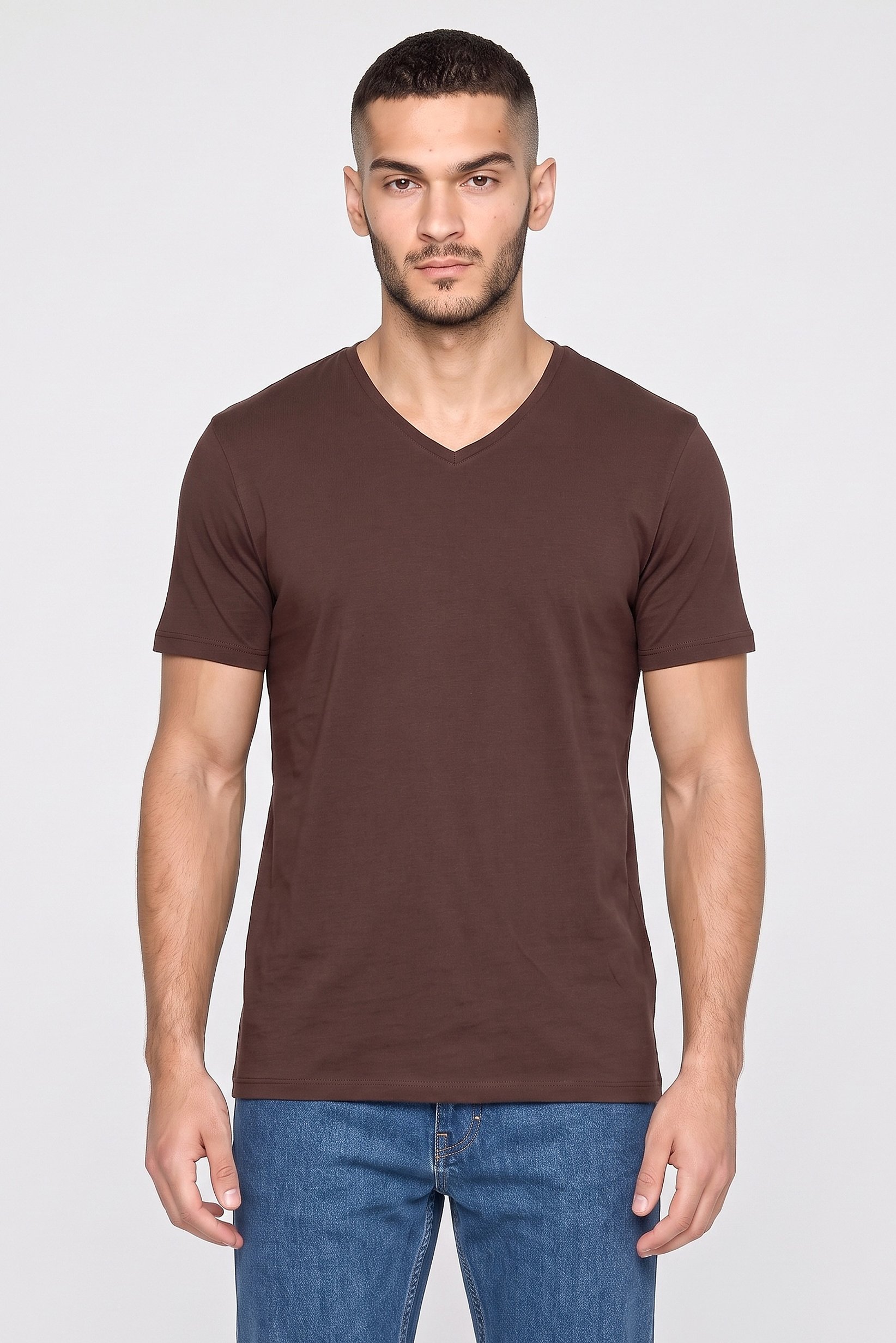 Men V Neck Short Sleeve Plain T-Shirt, Brown