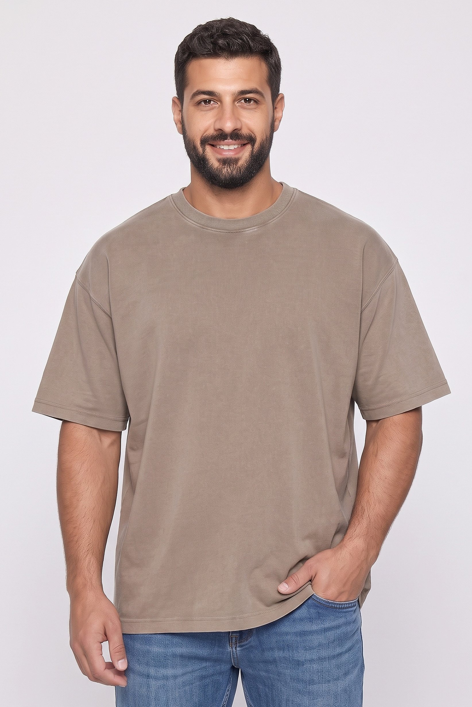 Men Oversized Fit Short Sleeve Solid T-Shirt, Beige