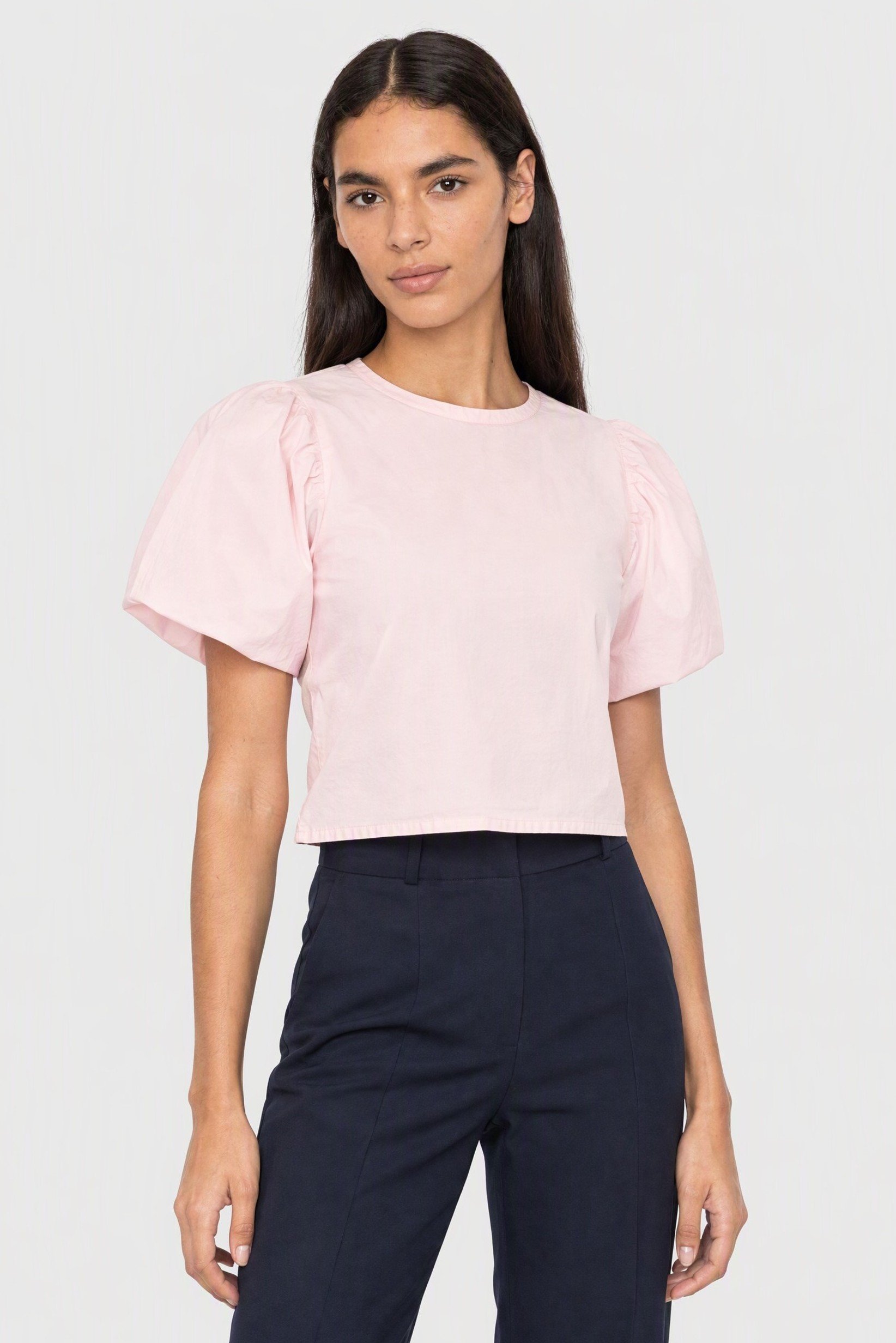Women Round Neck Balloon Sleeve Plain Blouse, Pink