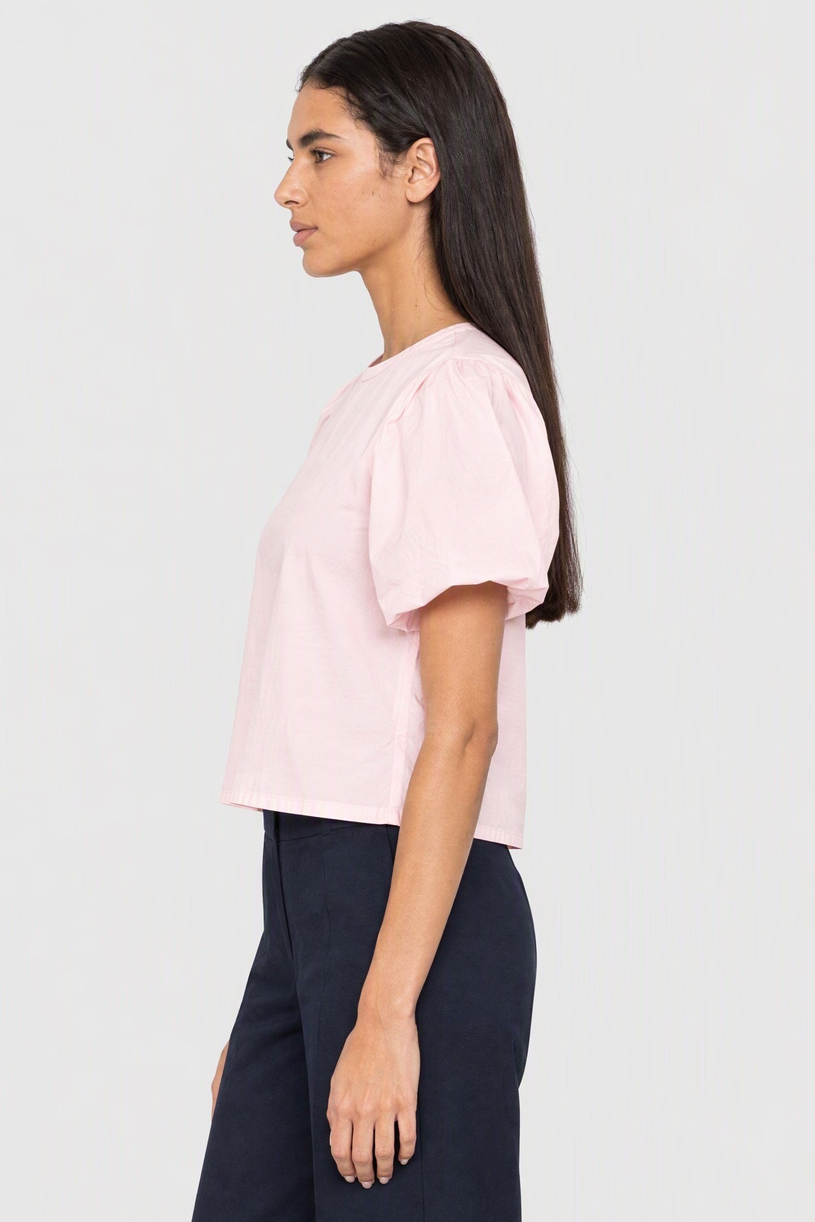 Women Round Neck Balloon Sleeve Plain Blouse, Pink