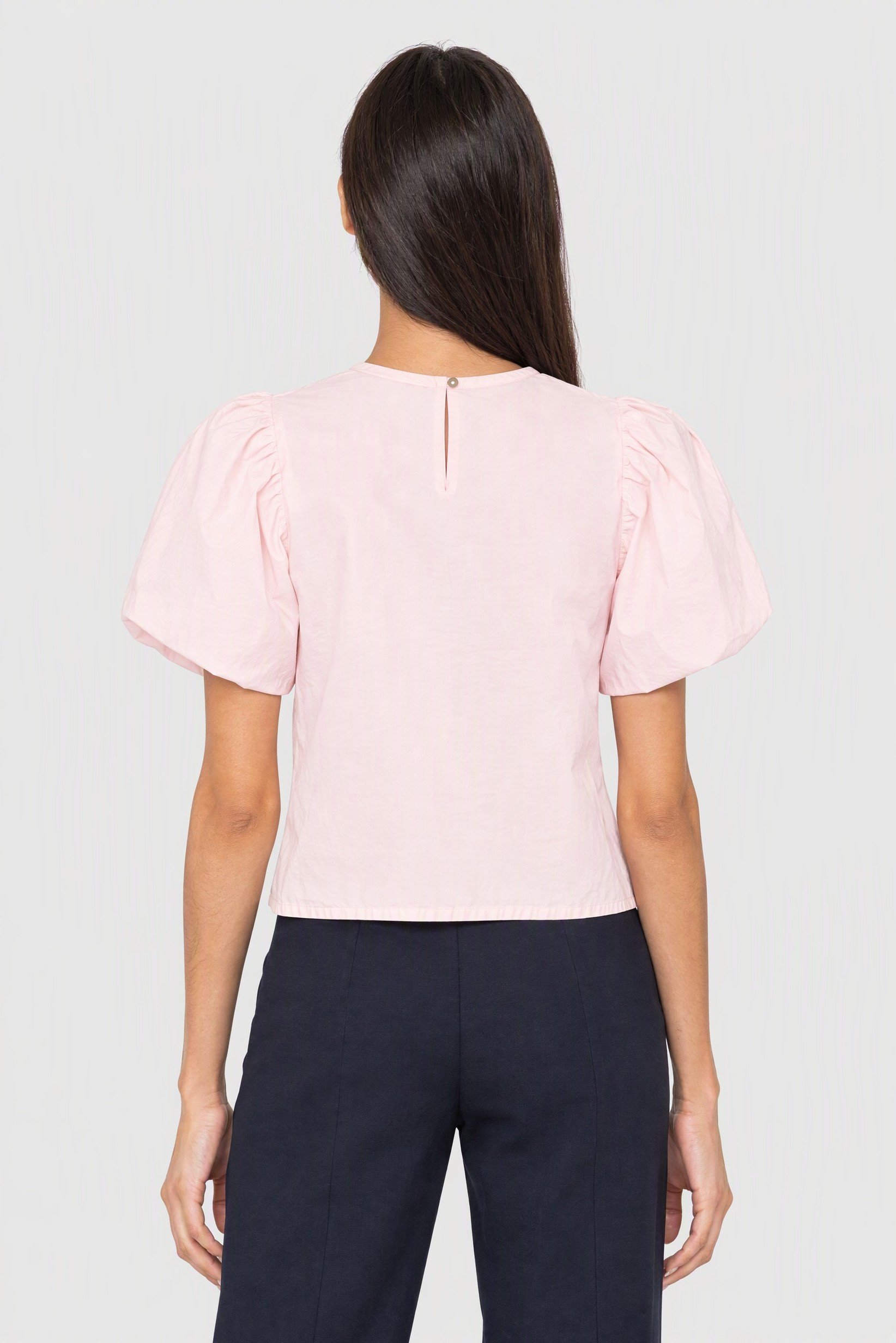 Women Round Neck Balloon Sleeve Plain Blouse, Pink